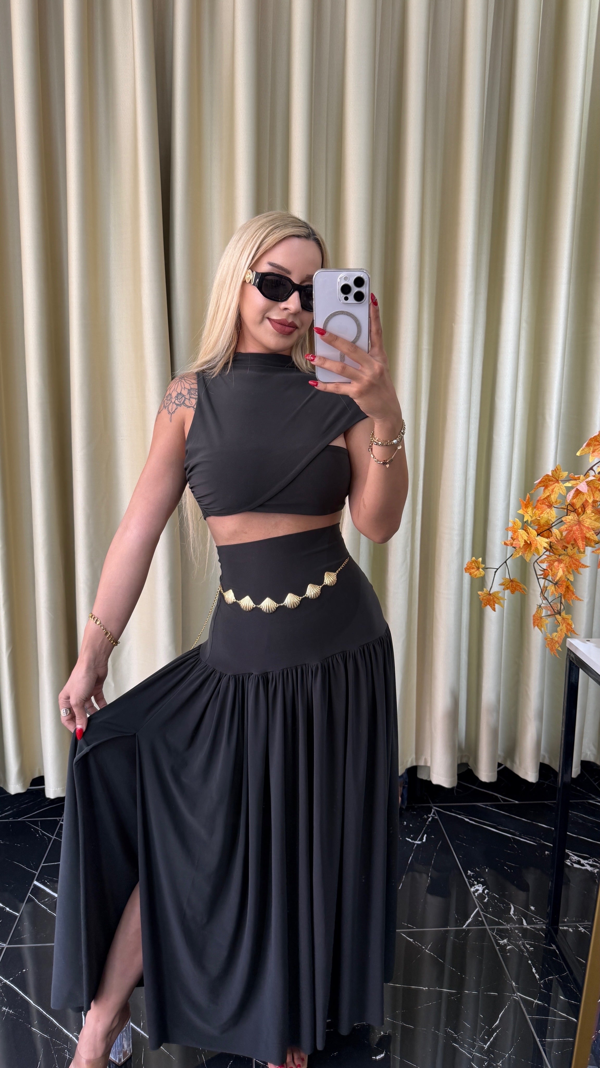 Sandy Kumaş Crop Etek Takım