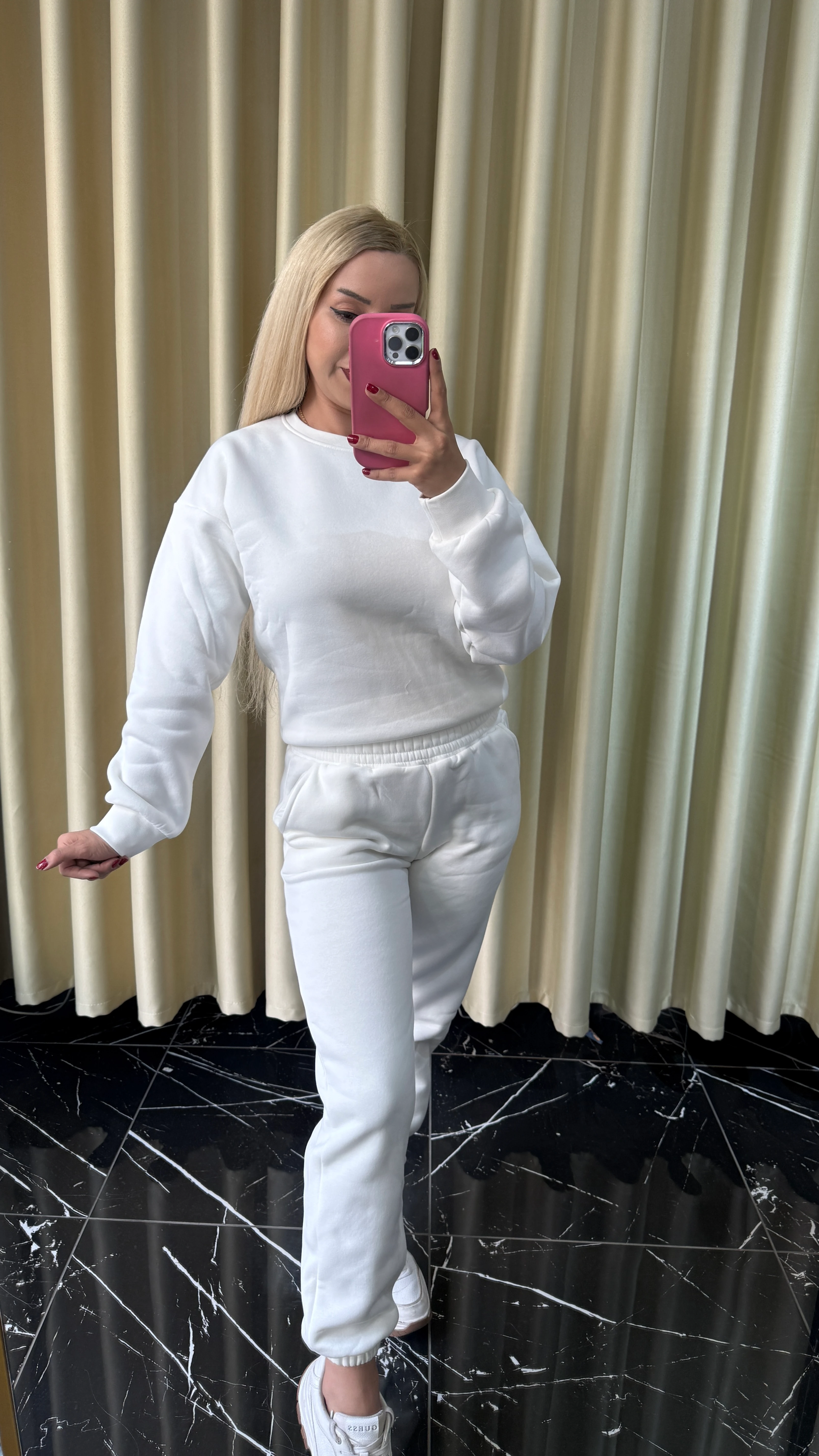 3 İplik Bisiklet Yaka Şardonlu Eşofman Takımı - Beyaz