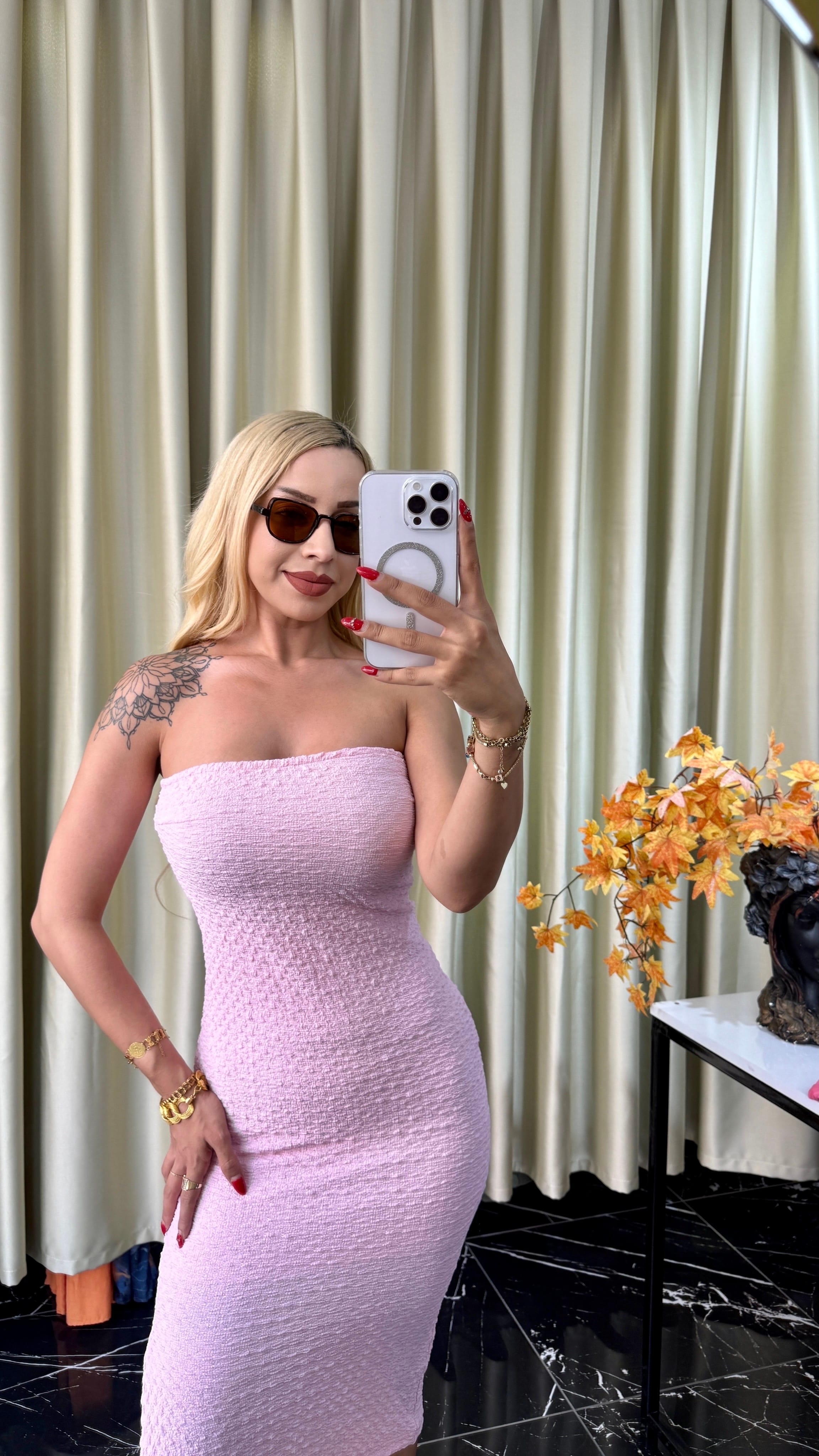 Straplez Midi Elbise - Toz Pembe