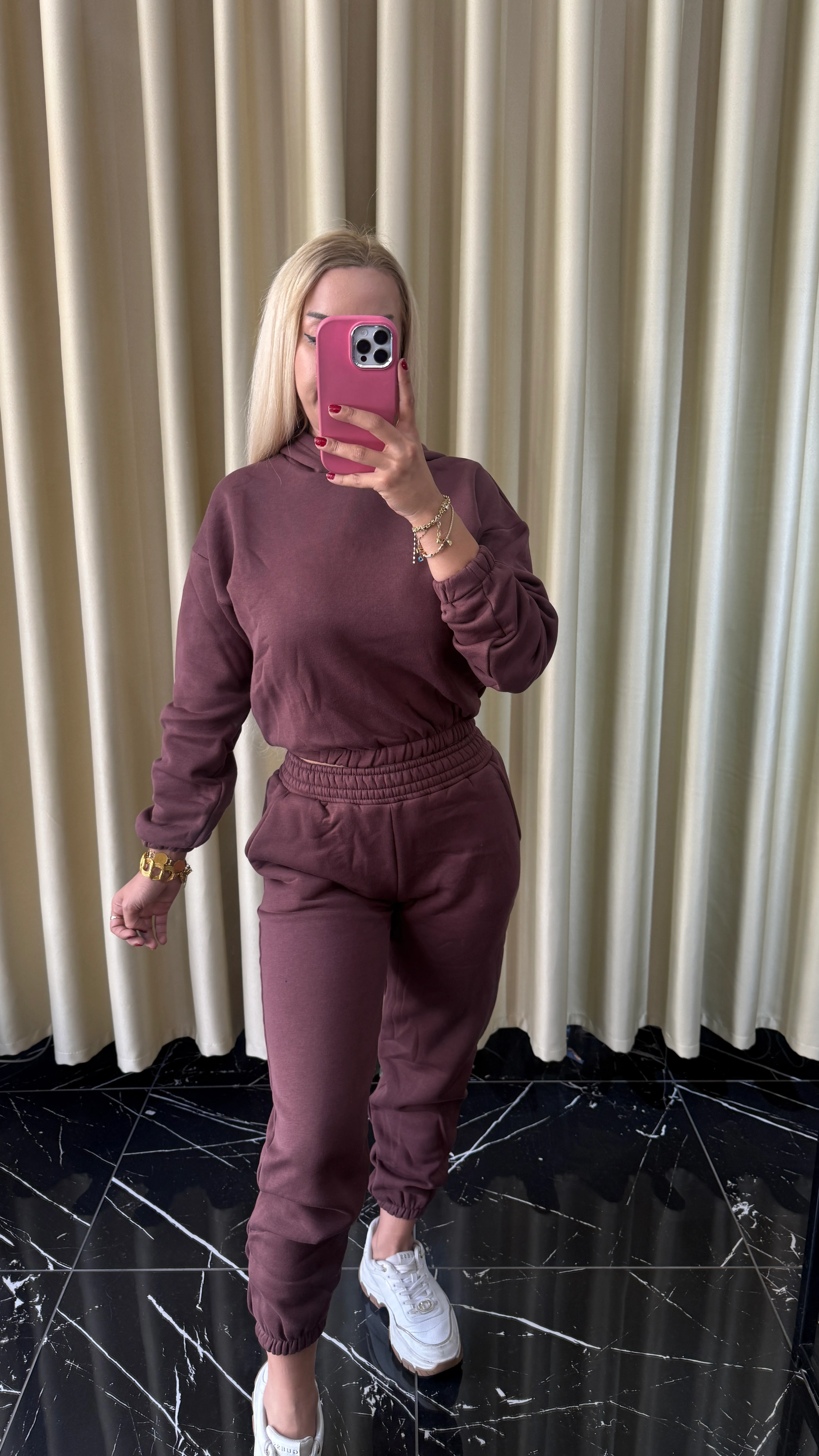 1 Alana 1 Bedava ❤️ 3 İplik Şardonlu Kapşonlu Eşofman Takımı - Kahverengi