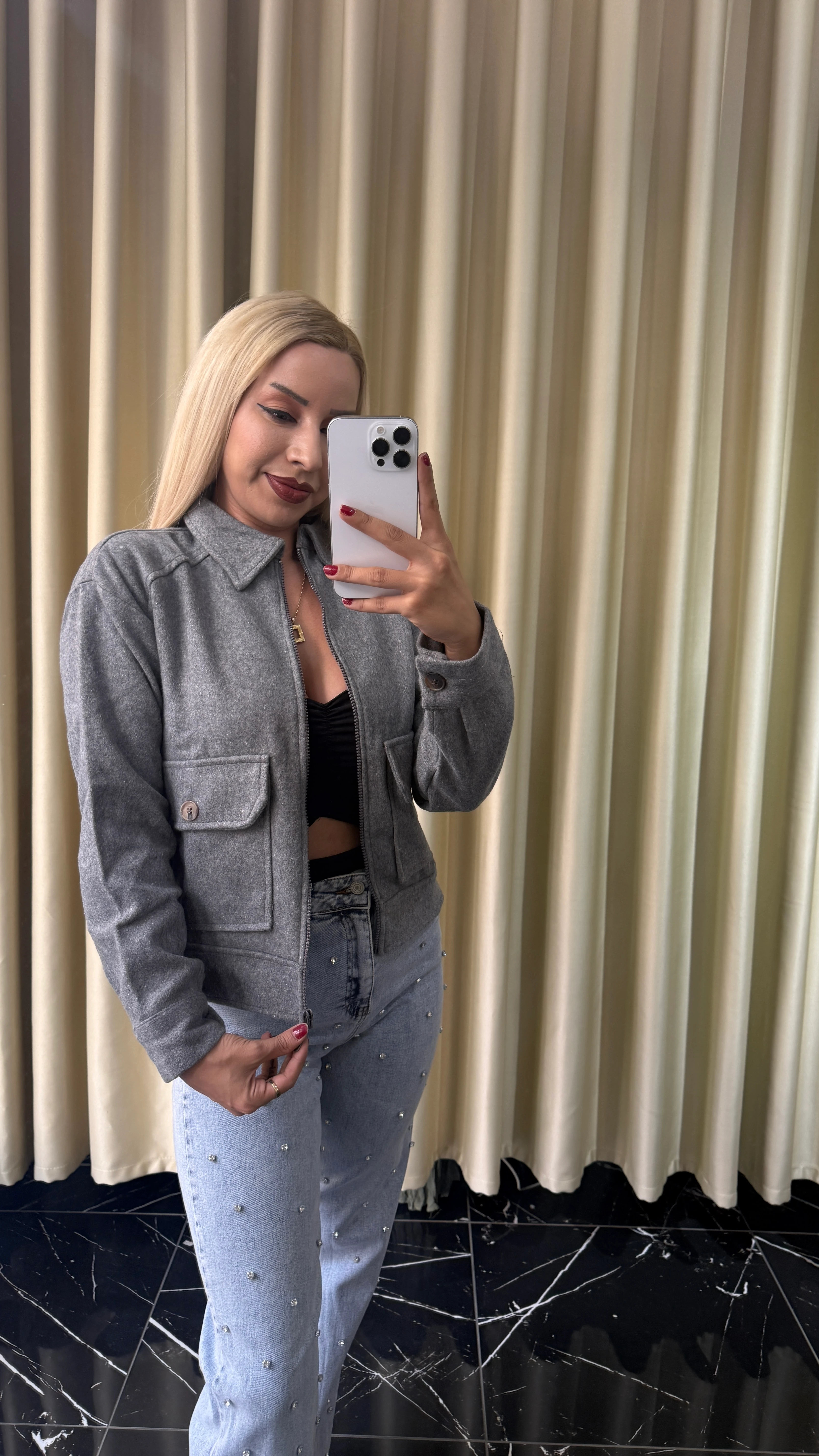 Fermuarlı Cepli Kaşe - Taş Grisi