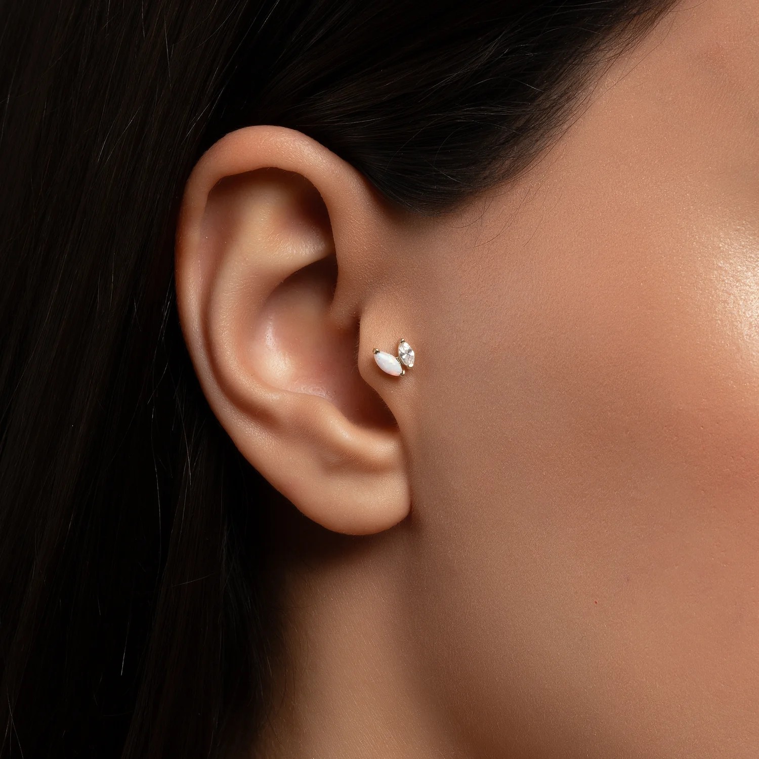 İkili Markiz Kesim Opalit ve Zirkon Taşlı Altın Tragus Piercing