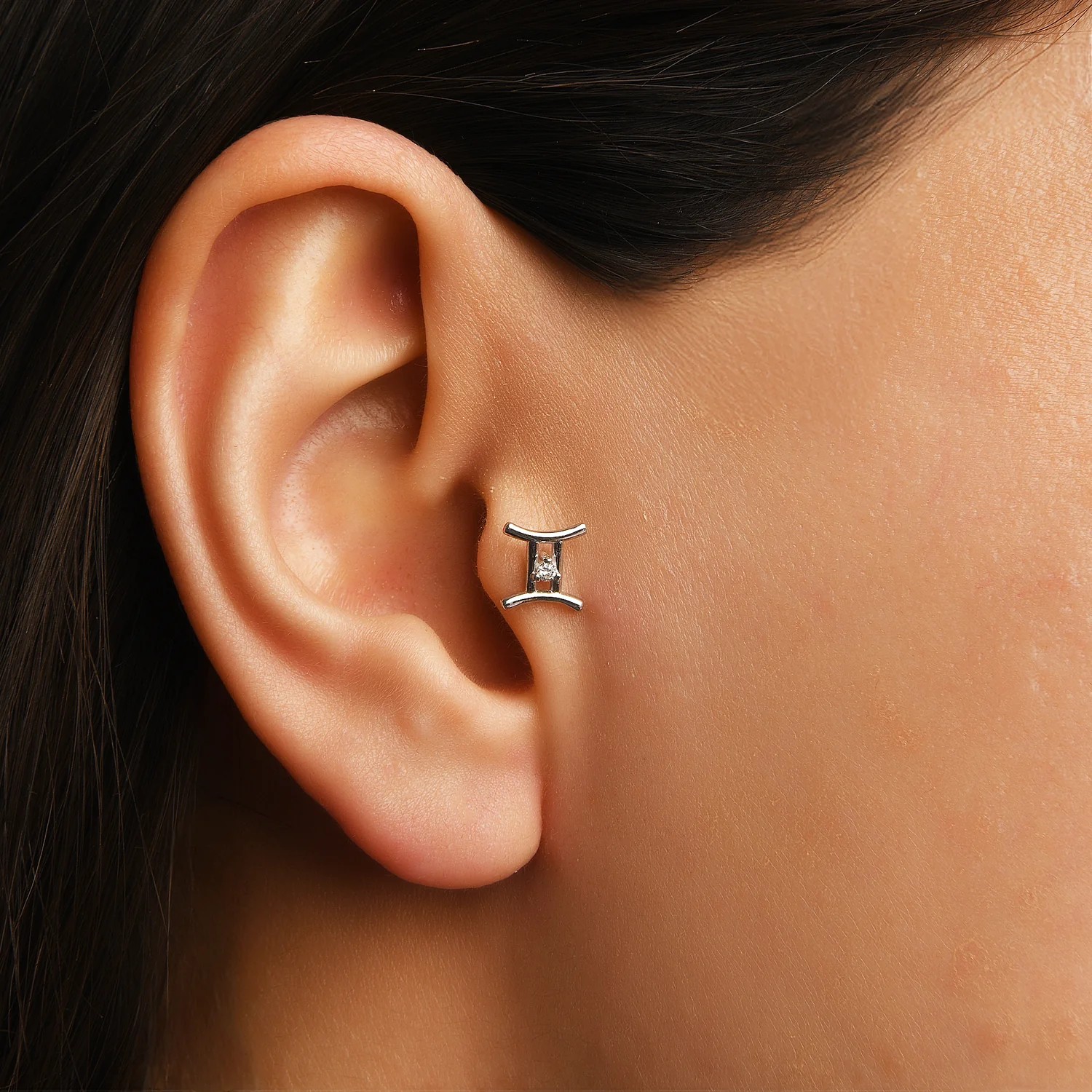 Gemini İkizler Burcu Taşlı Altın Piercing