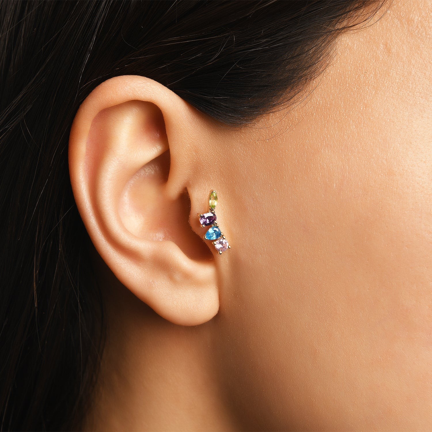 Çok Taşlı Özel Kesim Renkli Altın Piercing (Sol Kulak)