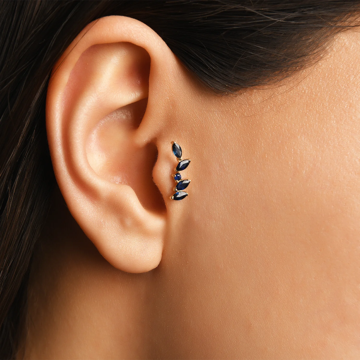 Asimetrik Markiz Form Mavi Taşlı Altın Piercing