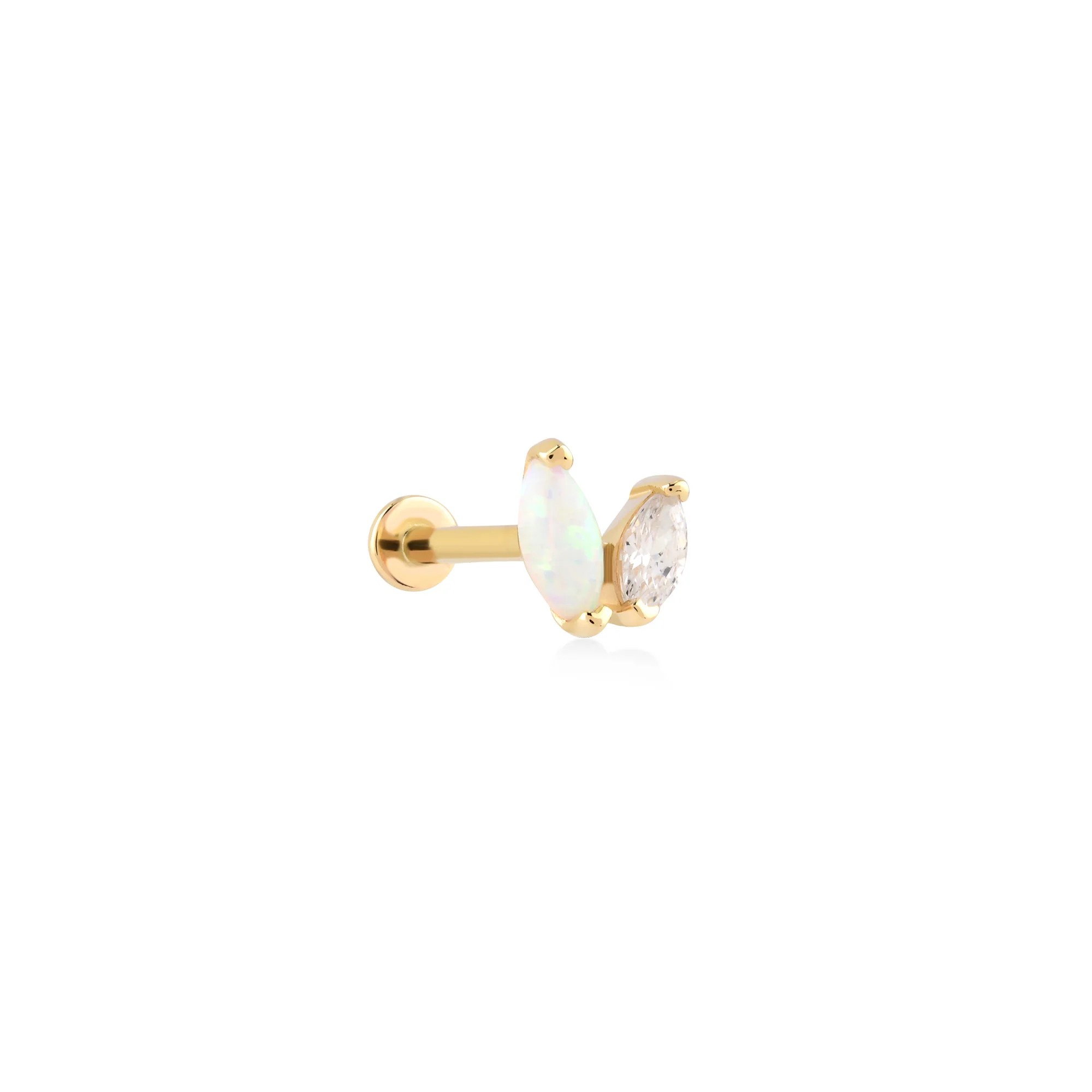 İkili Markiz Kesim Opalit ve Zirkon Taşlı Altın Tragus Piercing