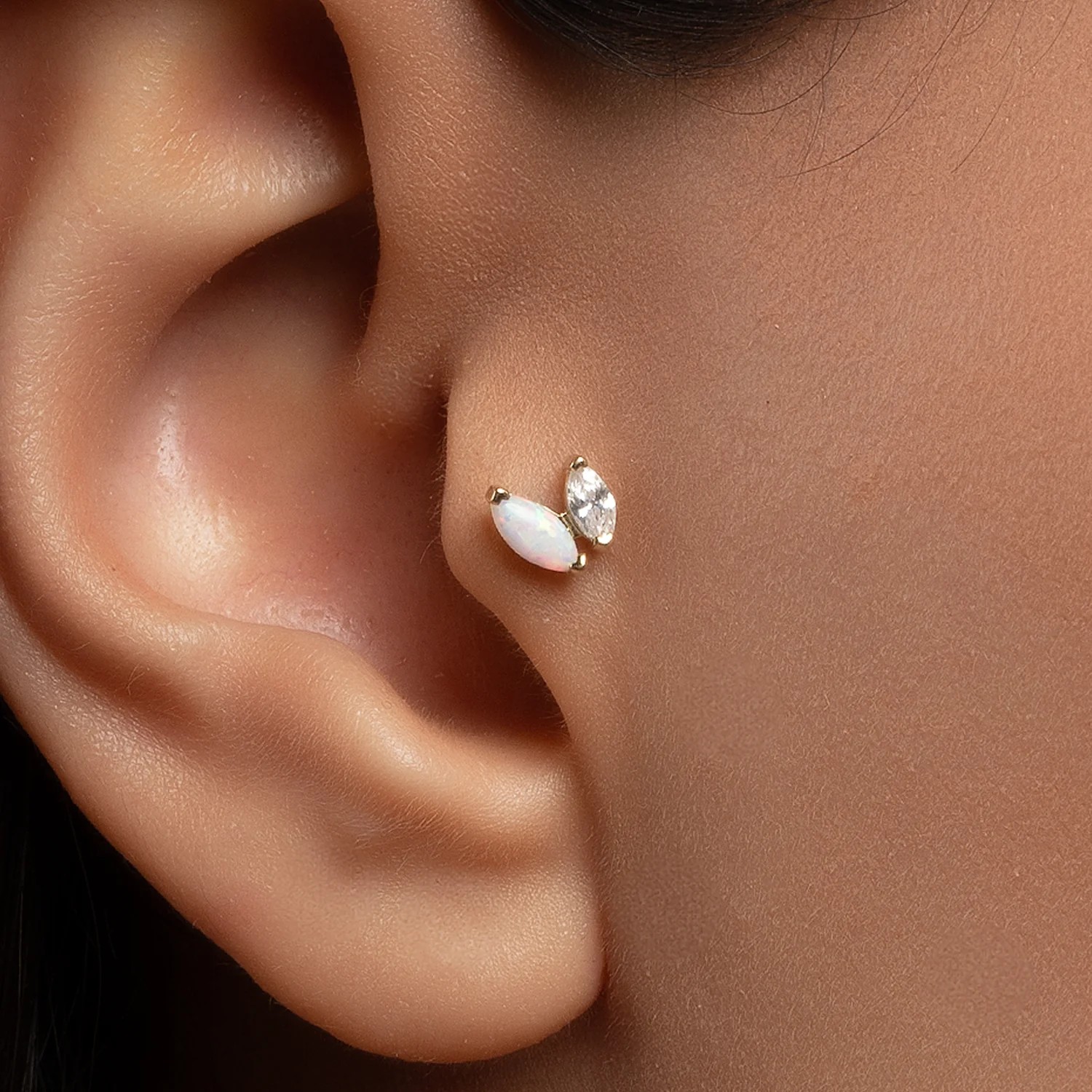 İkili Markiz Kesim Opalit ve Zirkon Taşlı Altın Tragus Piercing