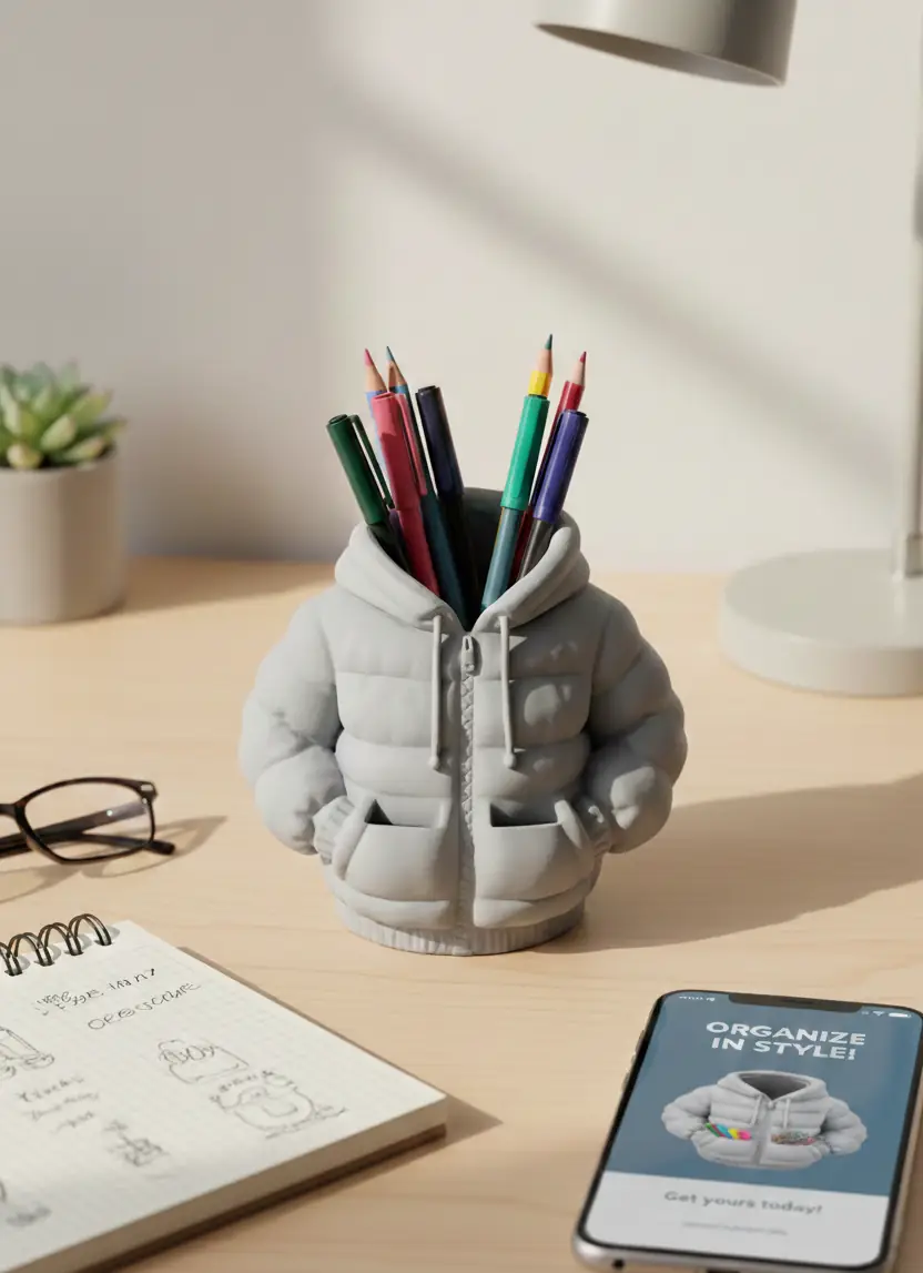 Hoodie tasarımlı 3D baskı kalemlik – genç ve eğlenceli sokak stili masaüstü organizer.