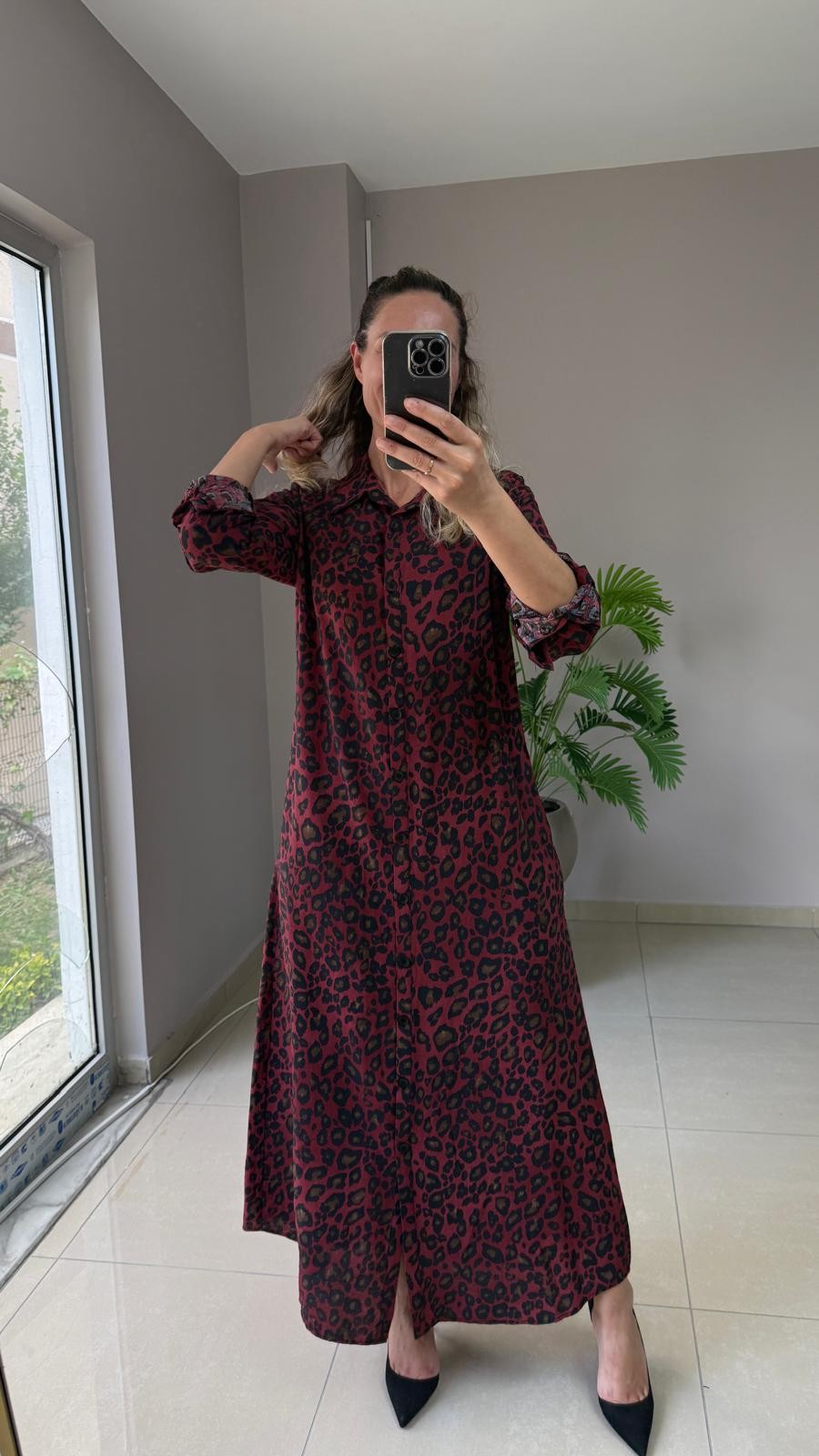 Leopar Tensel Elbise - bordo