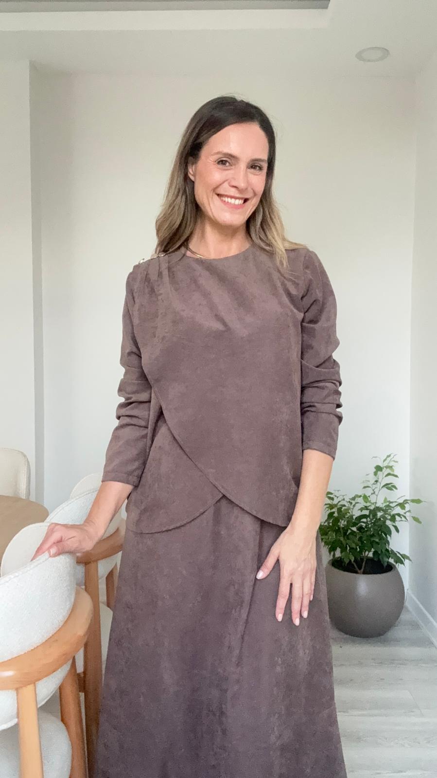 İthal Süet Tunikli Elbise - kahverengi