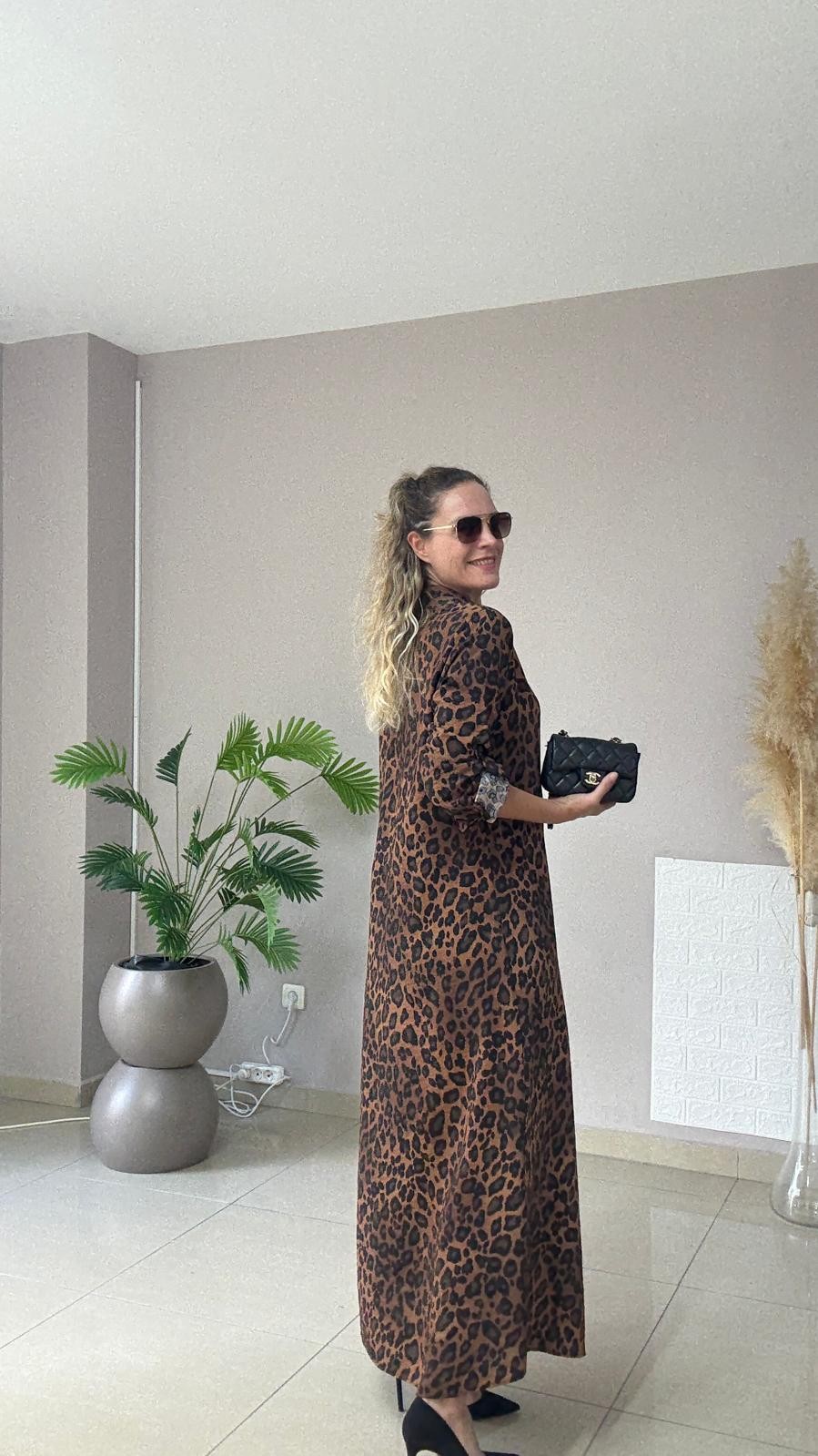 Leopar Tensel Elbise - kahverengi