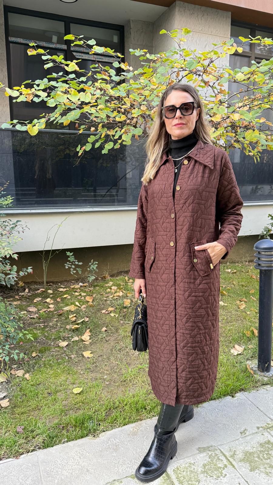 Yakalı Kapitone Mont - kahverengi