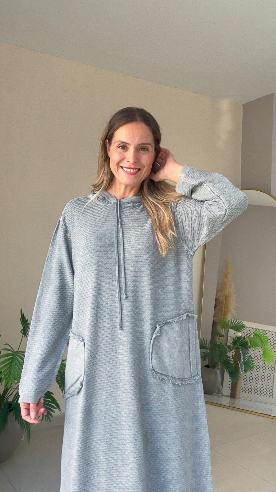 Kapşonlu Triko Elbise - gri