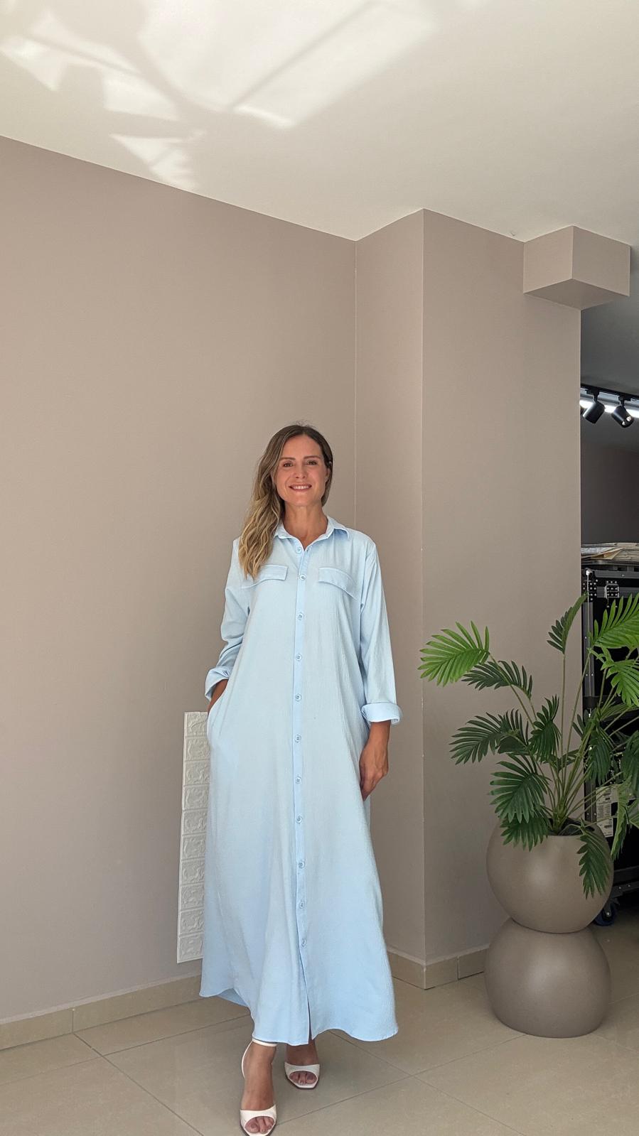 Önden Cepli Düz Renk Gömlek Elbise