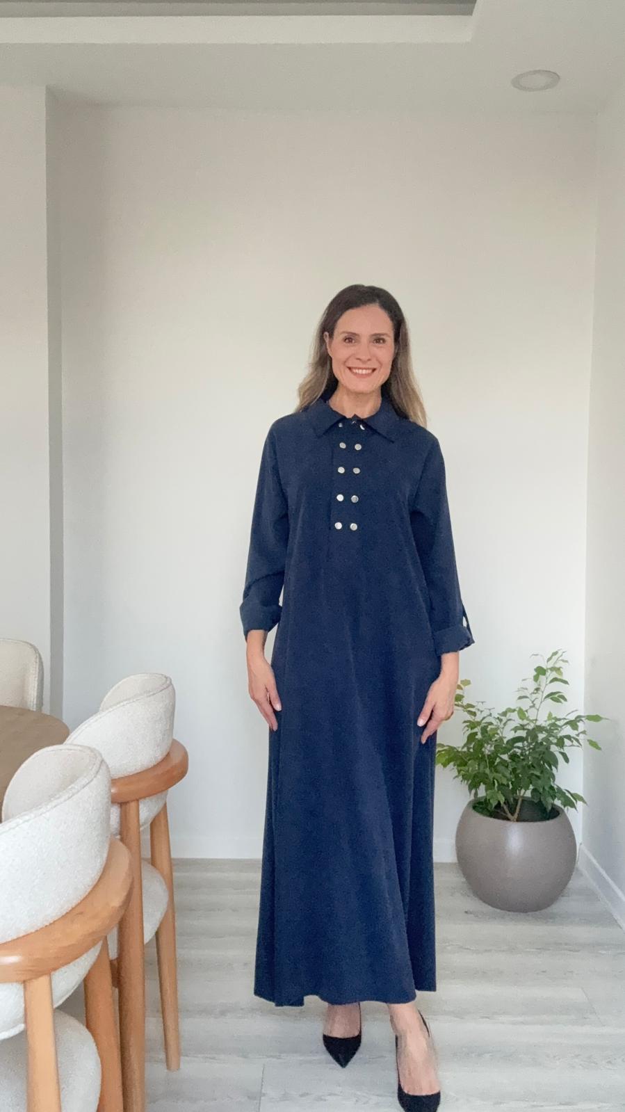 Yaka Detaylı Kupra Elbise - lacivert