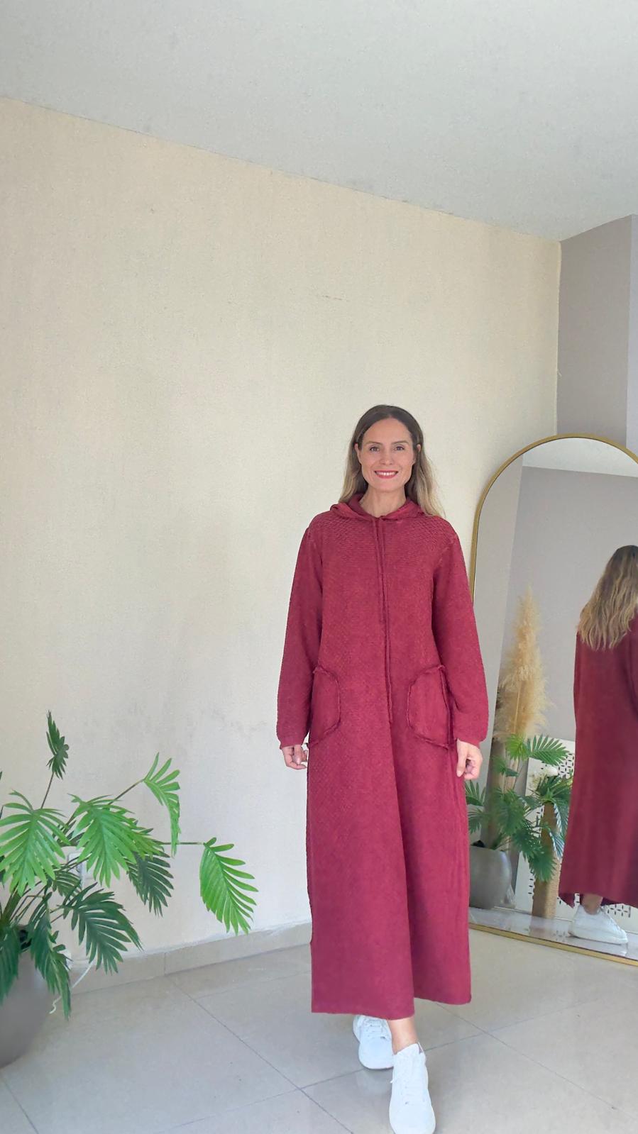 Kapşonlu Triko Elbise - bordo