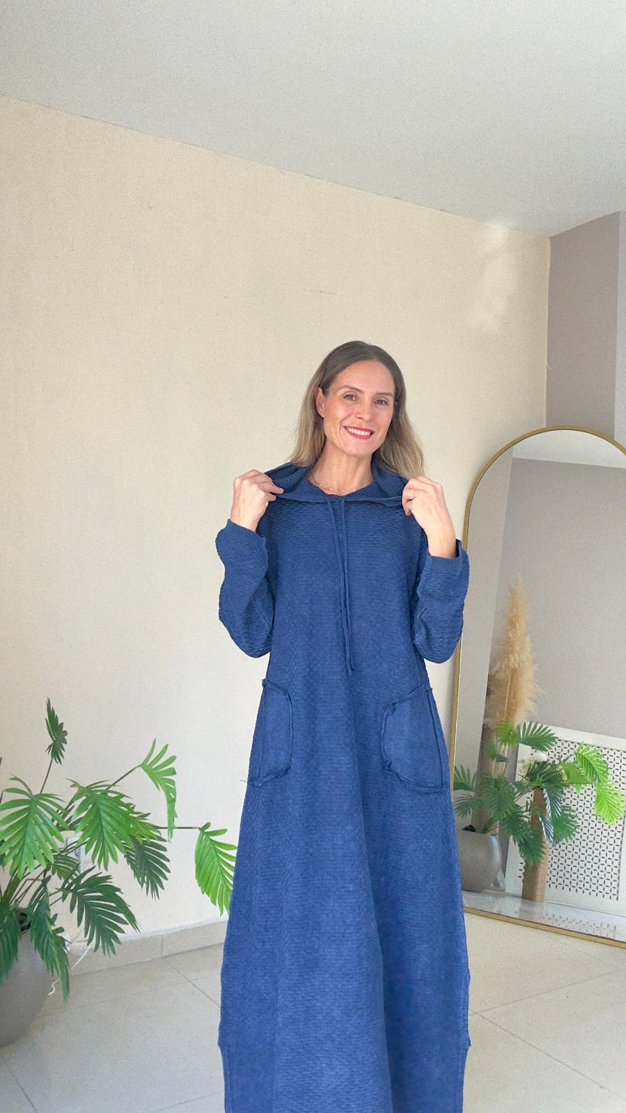 Kapşonlu Triko Elbise - indigo