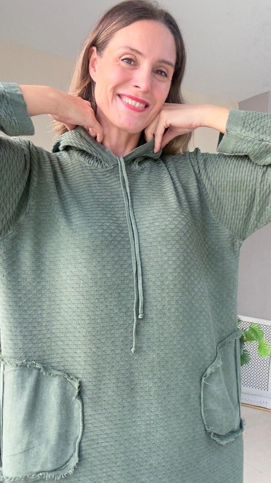 Kapşonlu Triko Elbise - haki