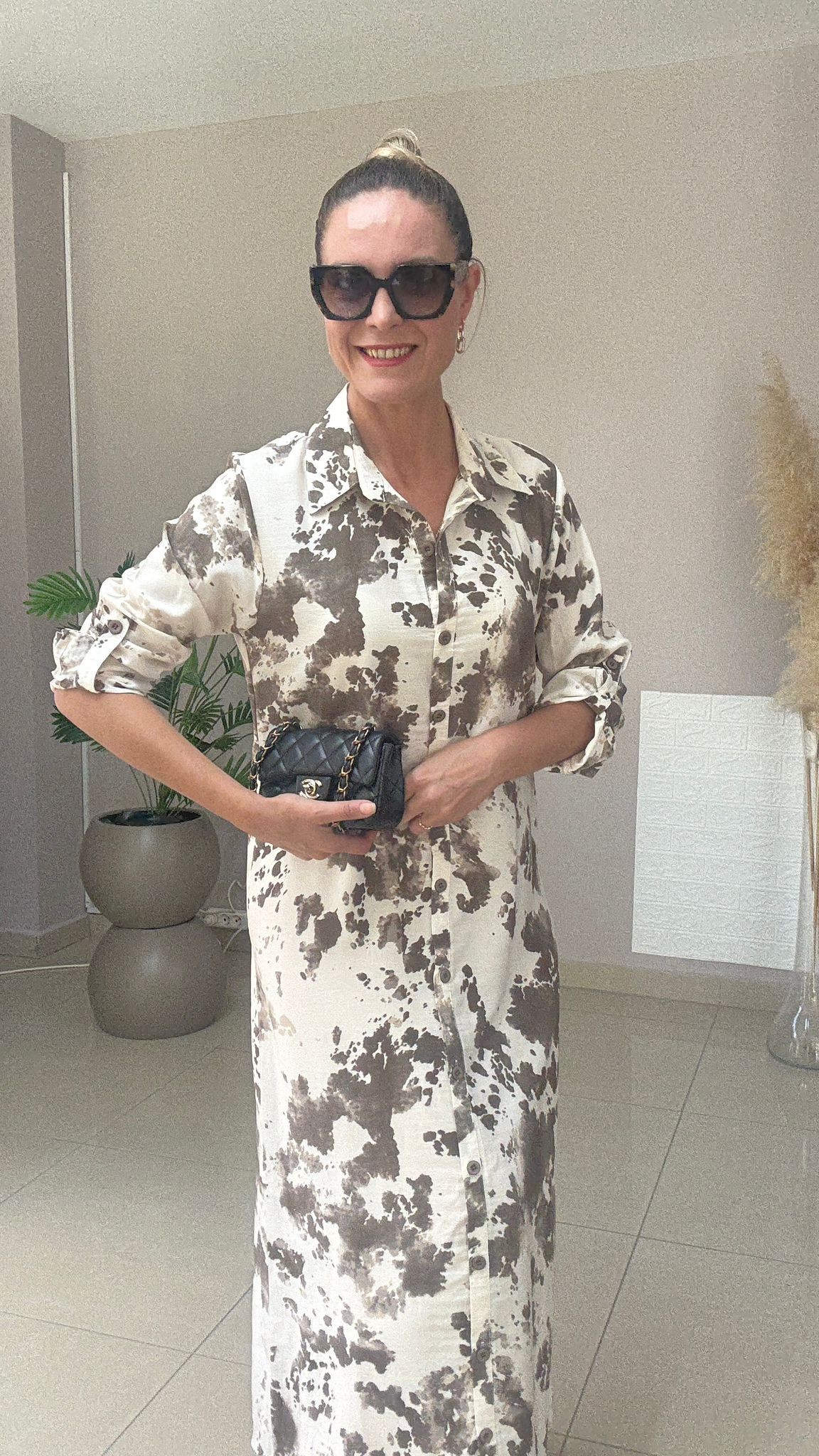 Batik Desen Tensel Elbise - bej kahveli