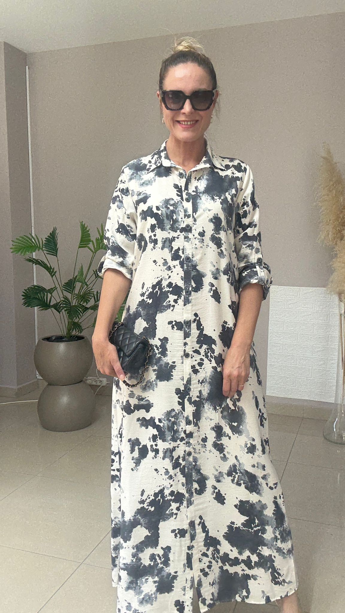 Batik Desen Tensel Elbise - bej siyahlı