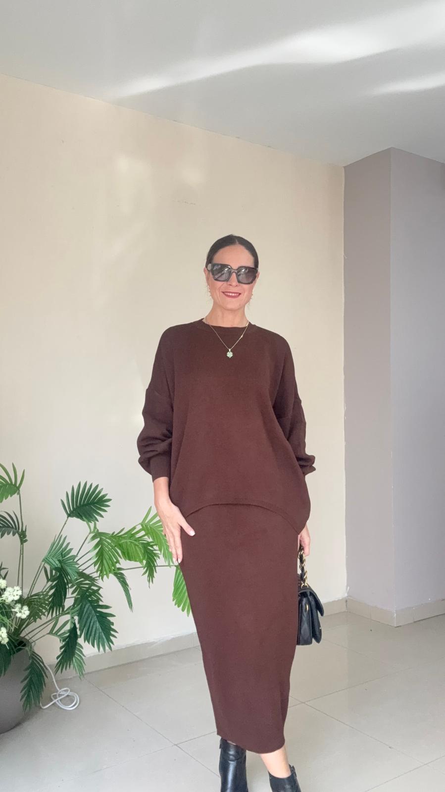 Etekli Triko Takım - kahverengi