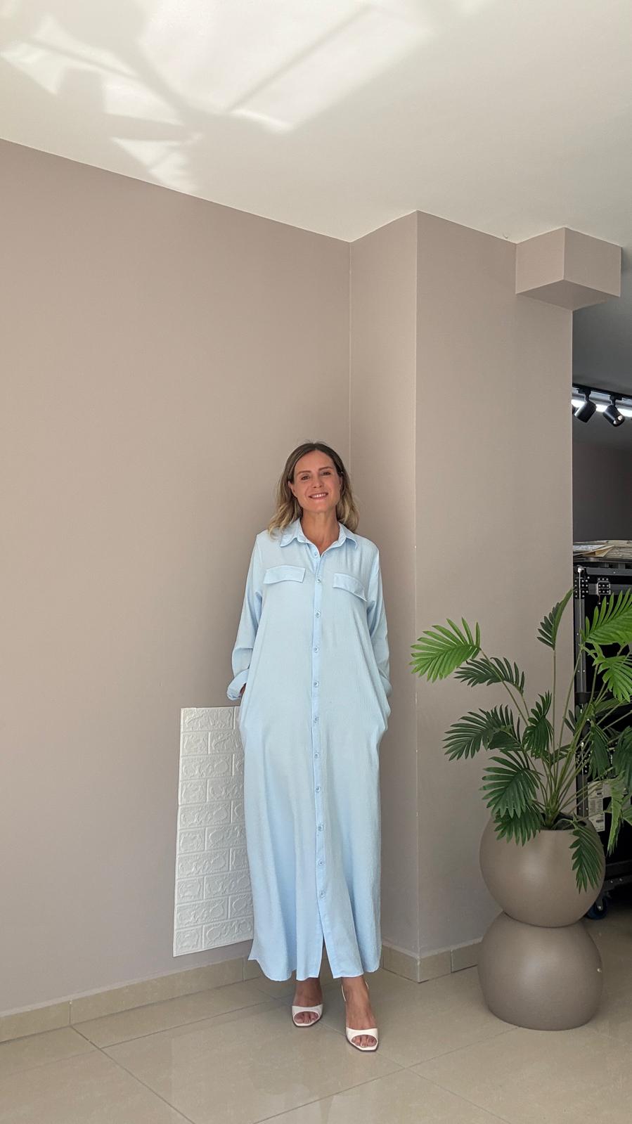 Önden Cepli Düz Renk Gömlek Elbise