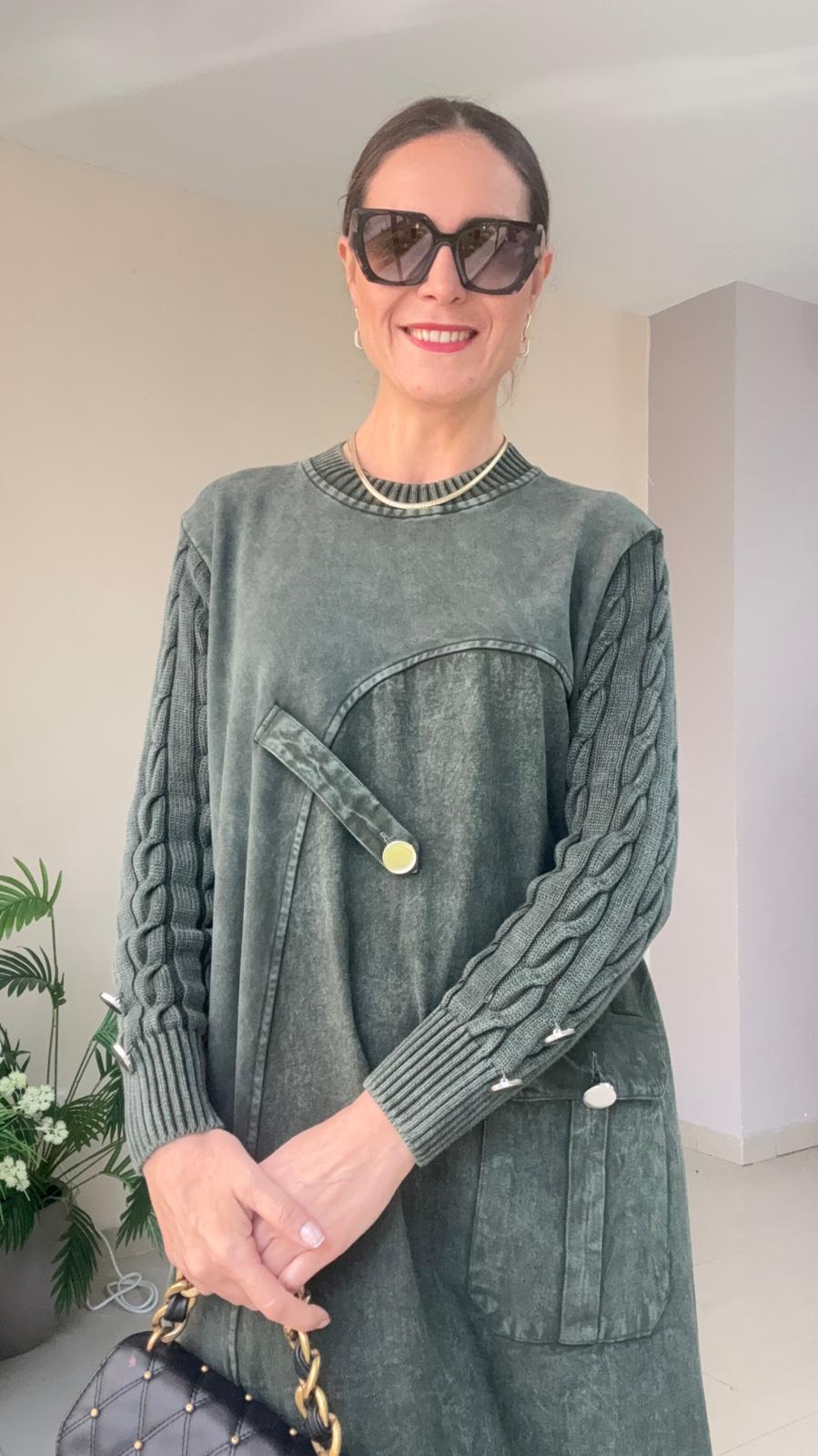 Kot Triko Detaylı Elbise - haki