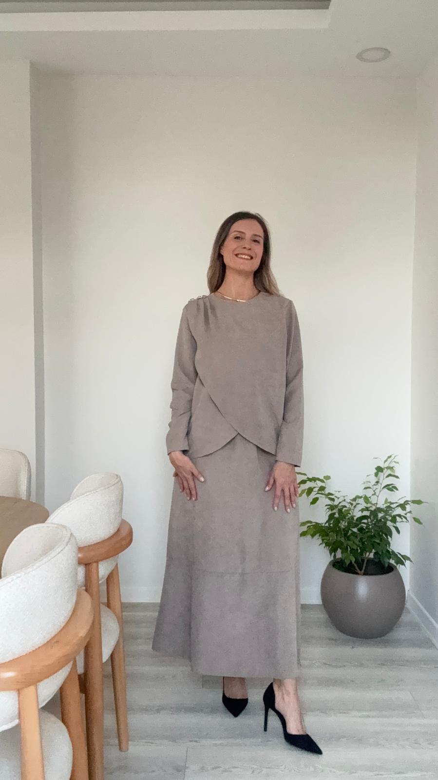 İthal Süet Tunikli Elbise - taş rengi