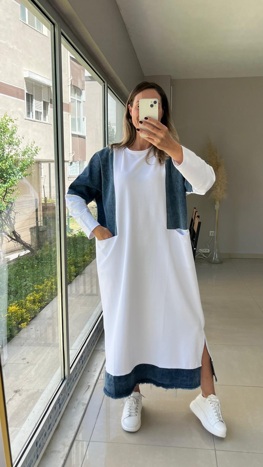 2 iplik Kot detaylı elbise