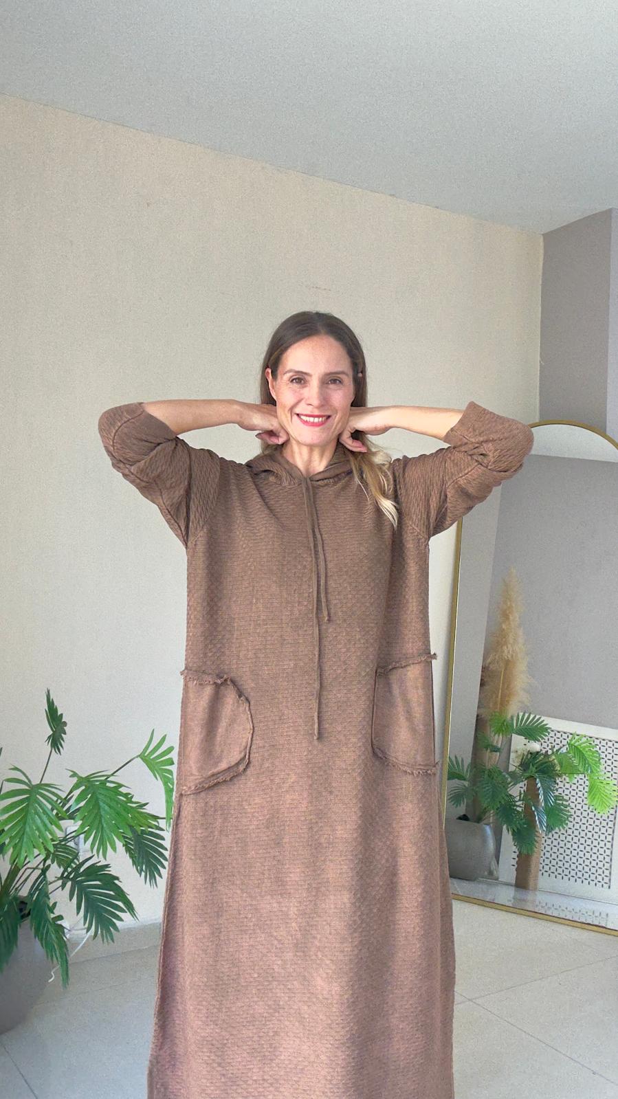 Kapşonlu Triko Elbise - kahverengi