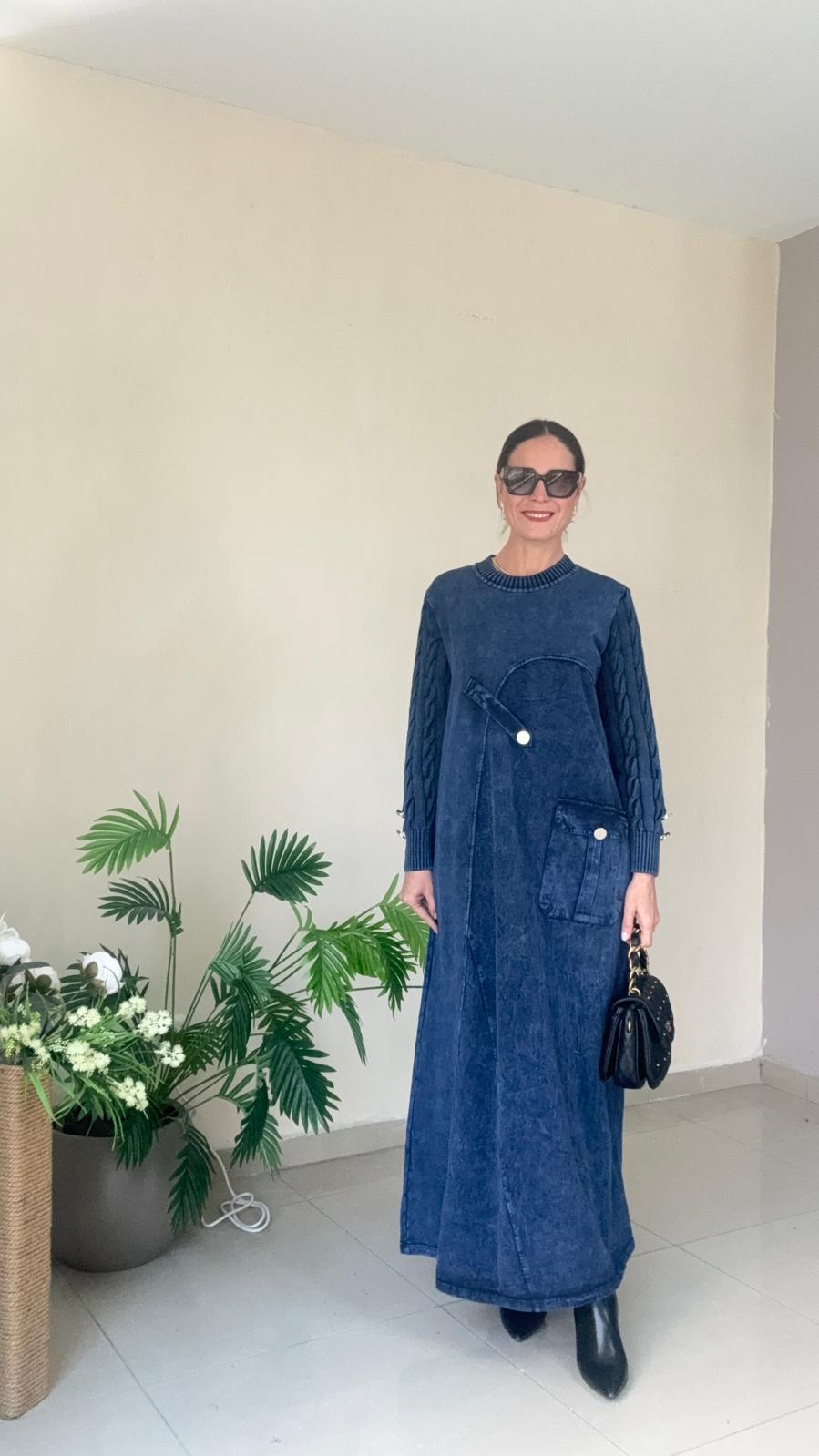 Kot Triko Detaylı Elbise - lacivert