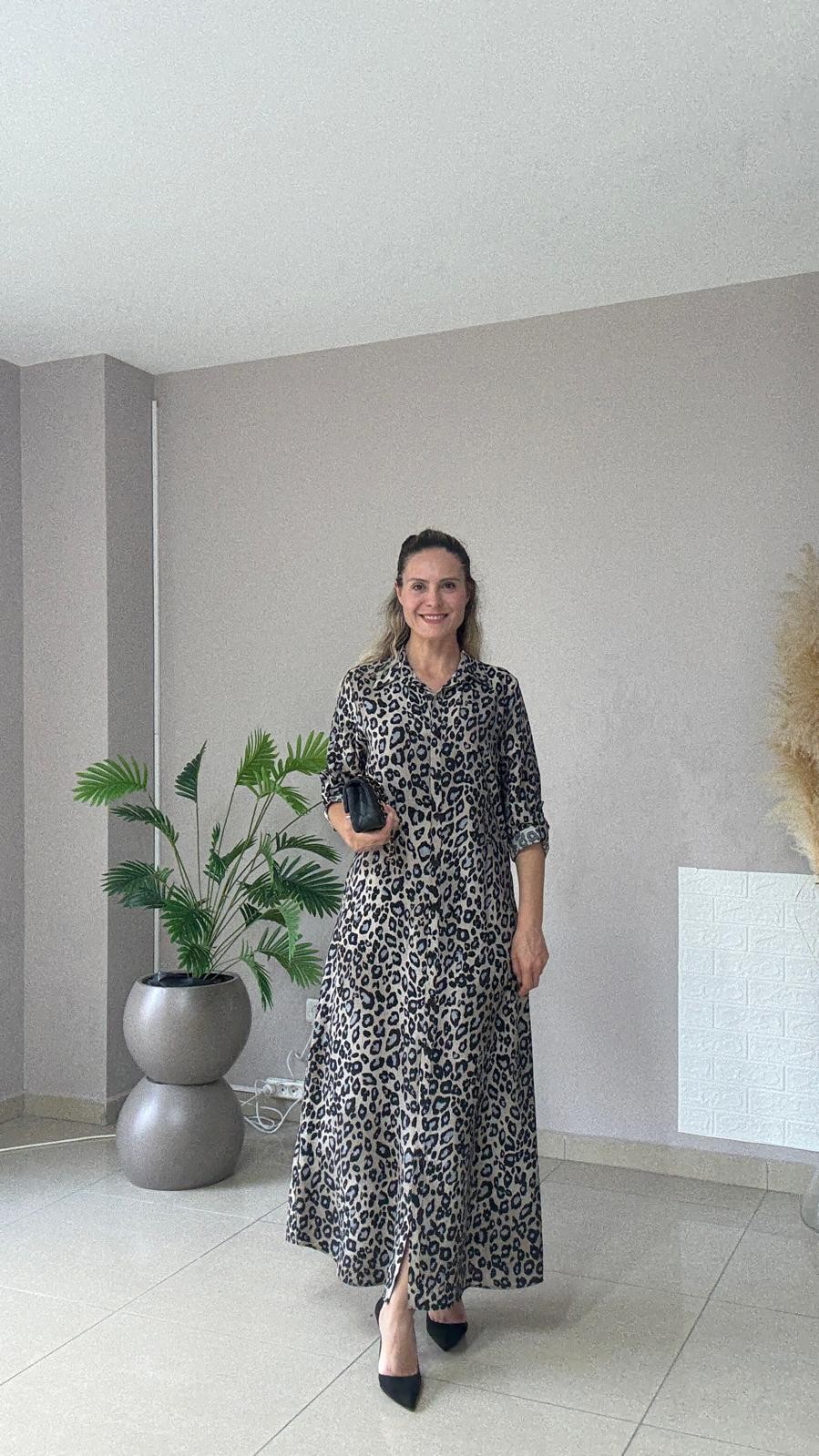 Leopar Tensel Elbise - siyah