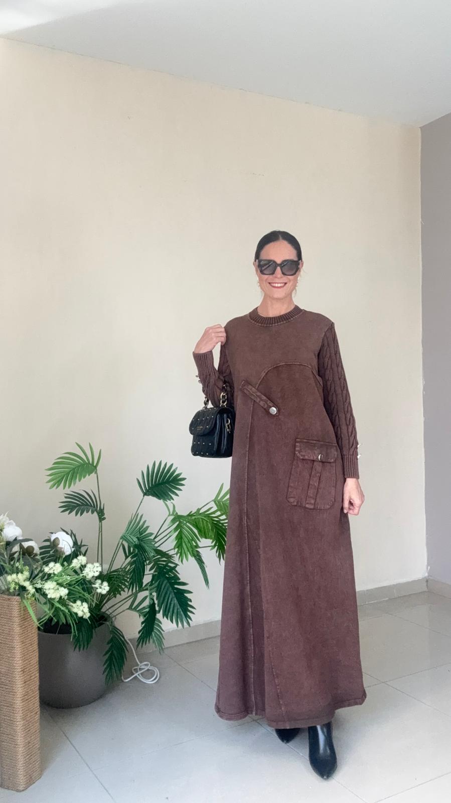 Kot Triko Detaylı Elbise - kahverengi