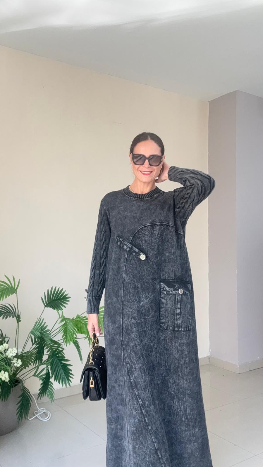 Kot Triko Detaylı Elbise - füme