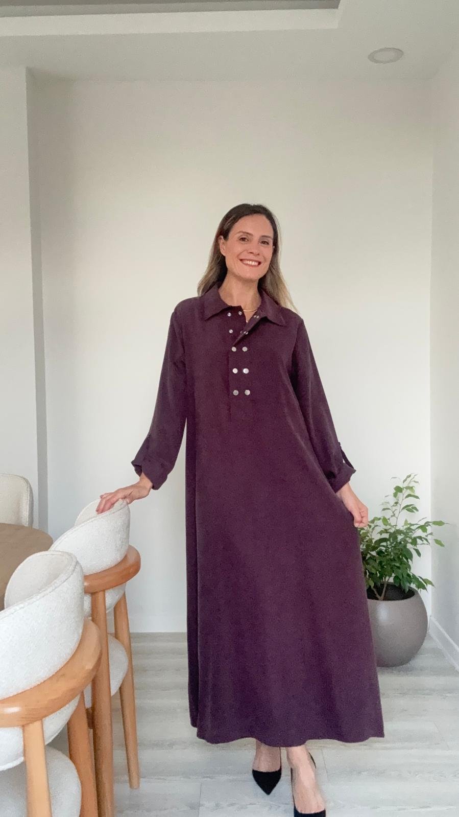 Yaka Detaylı Kupra Elbise - mürdüm