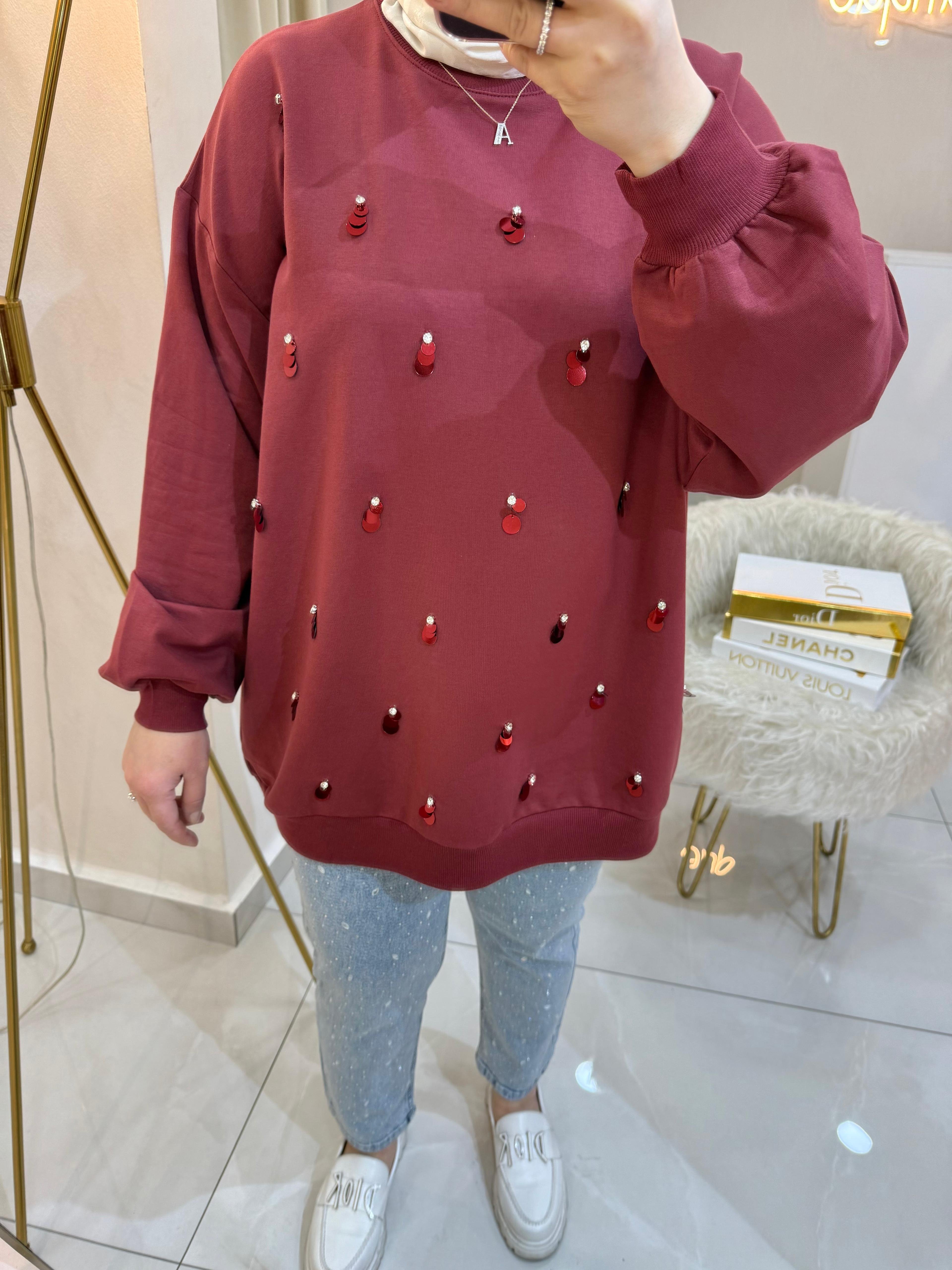 Pullu Taşlı Sweat Bordo