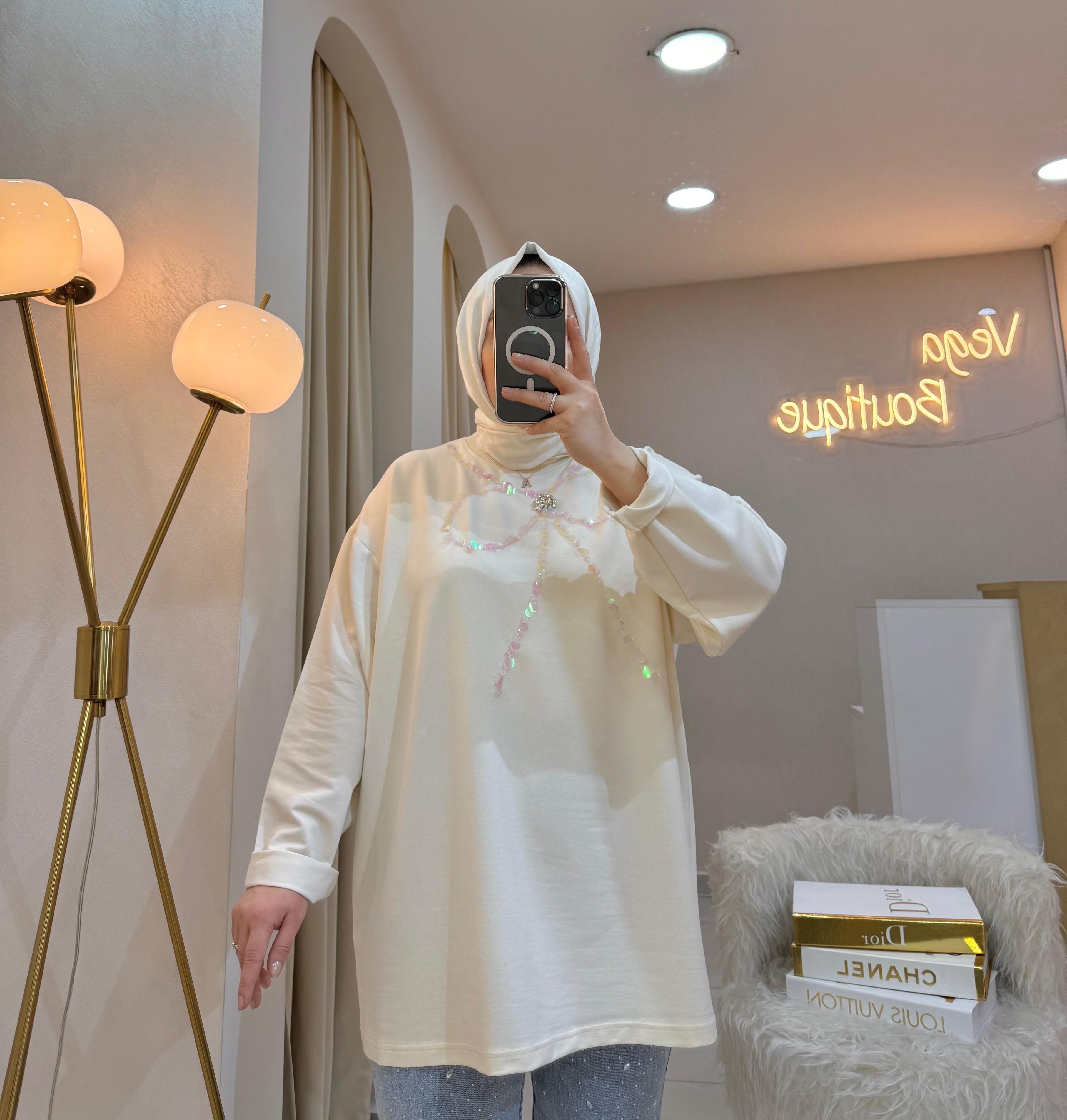 Kurdele Taşlı Sweat Ekru