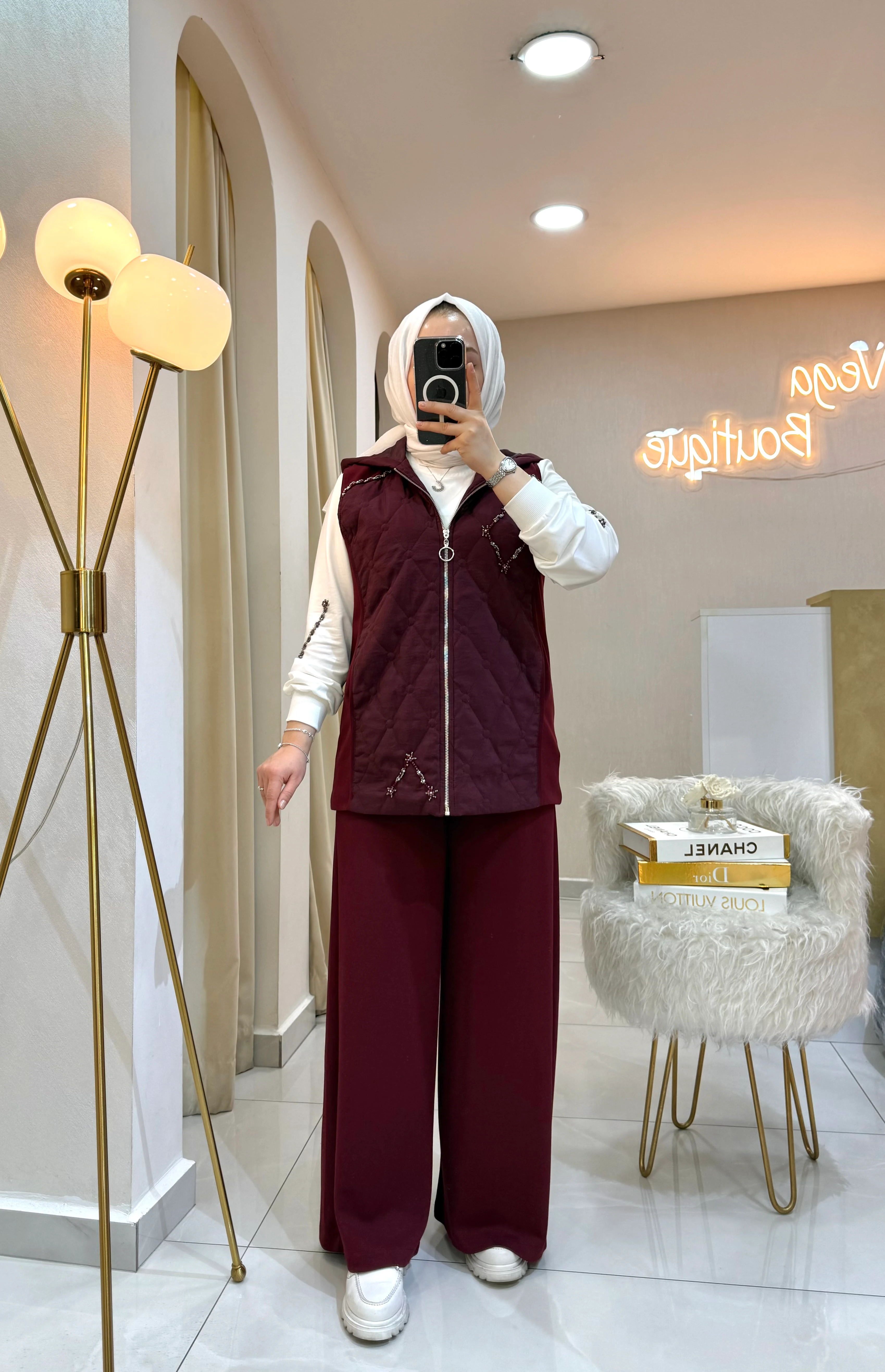 3'lü Kapitone Yelekli Takım Bordo