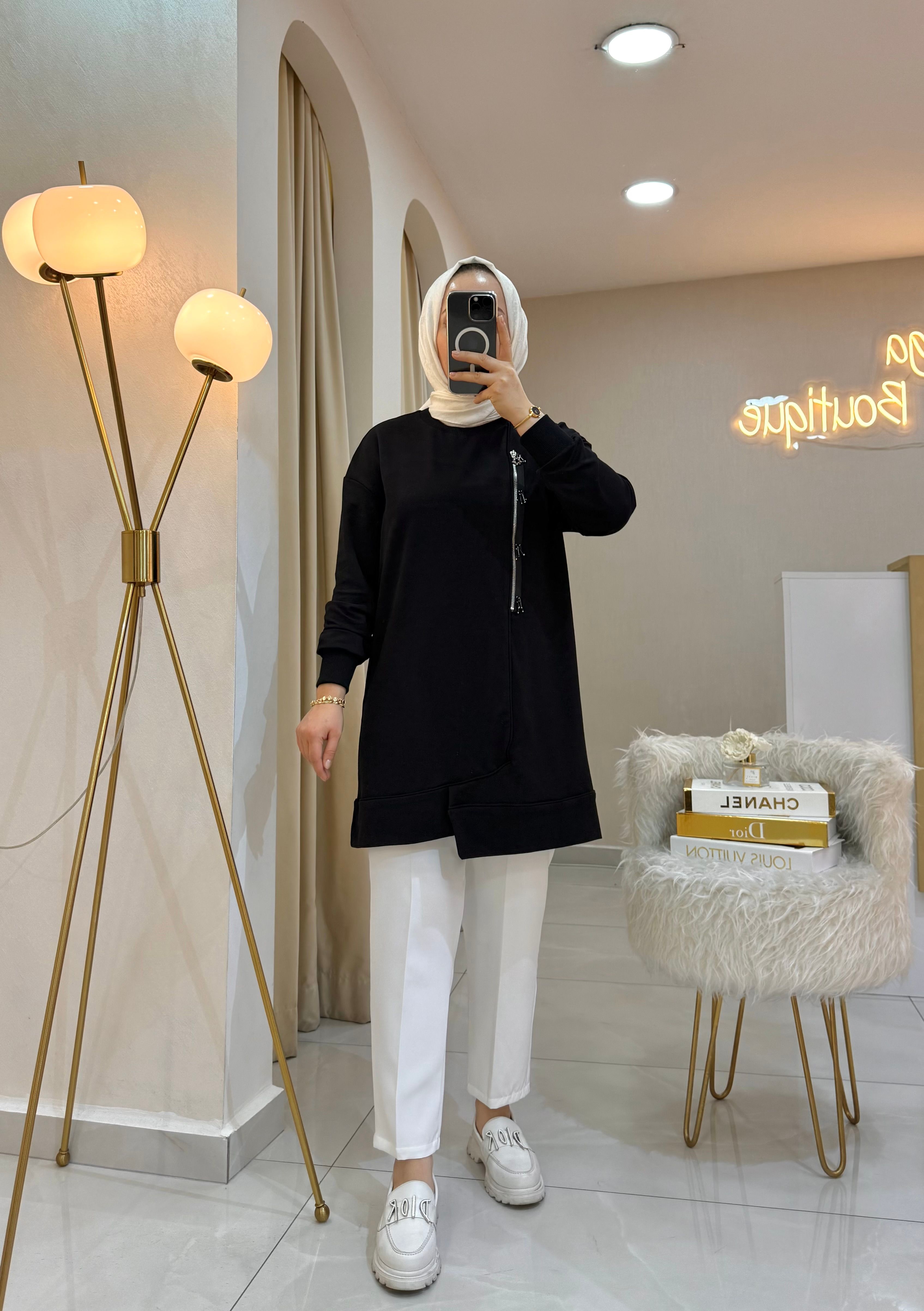 Boncuklu Fermuar Sweat Siyah