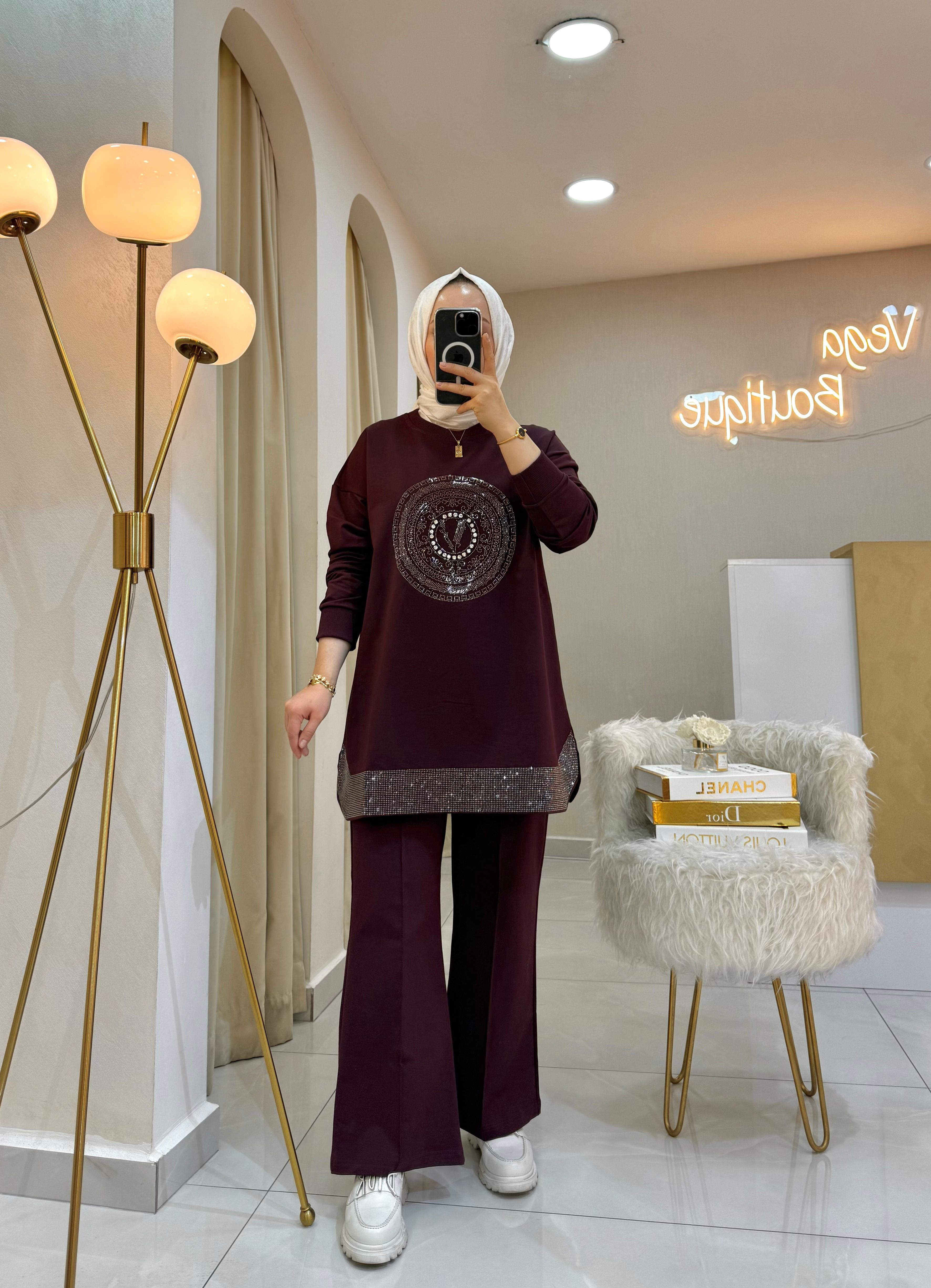 V Taşlı Takım Bordo