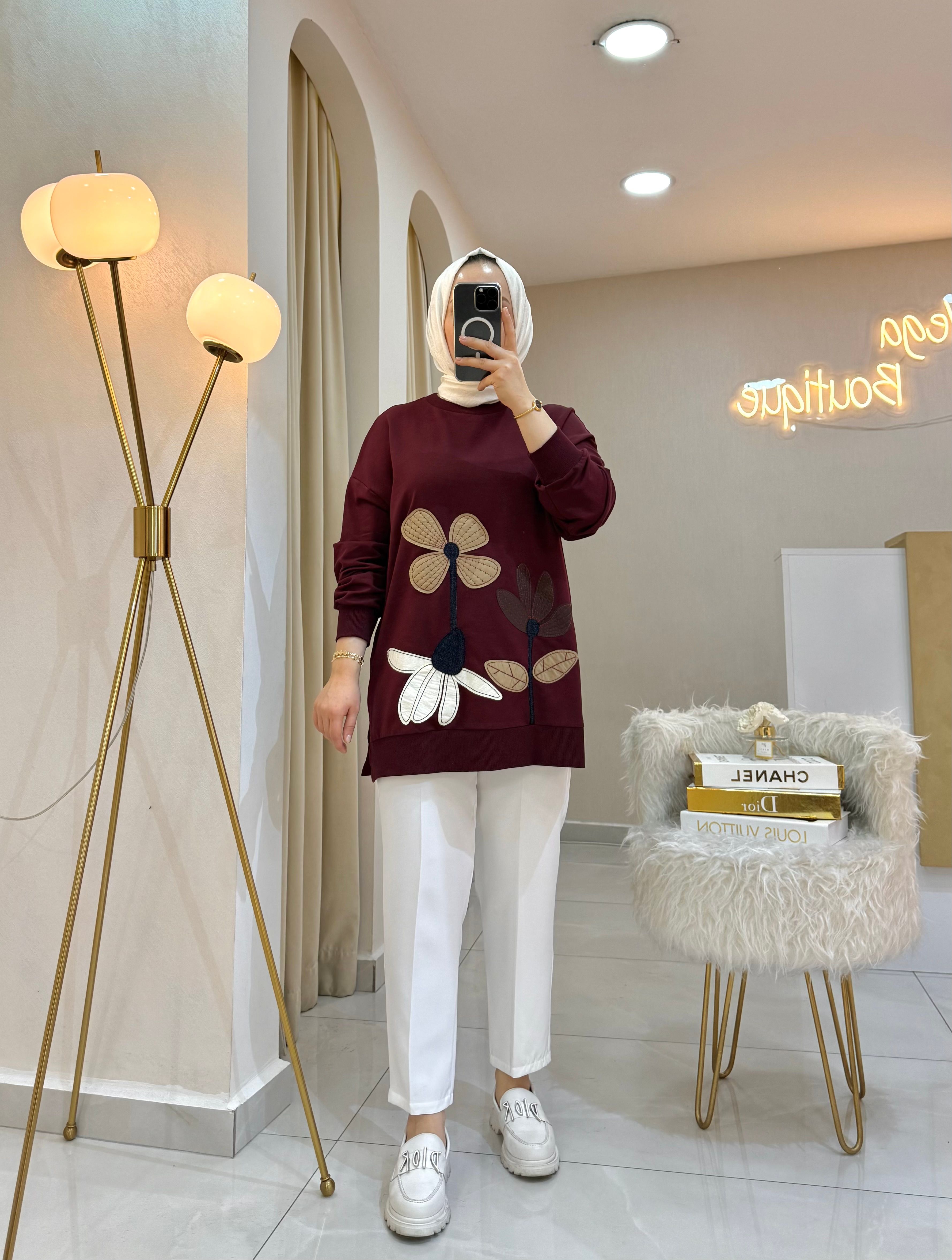 Çiçek Nakışlı Sweat Bordo