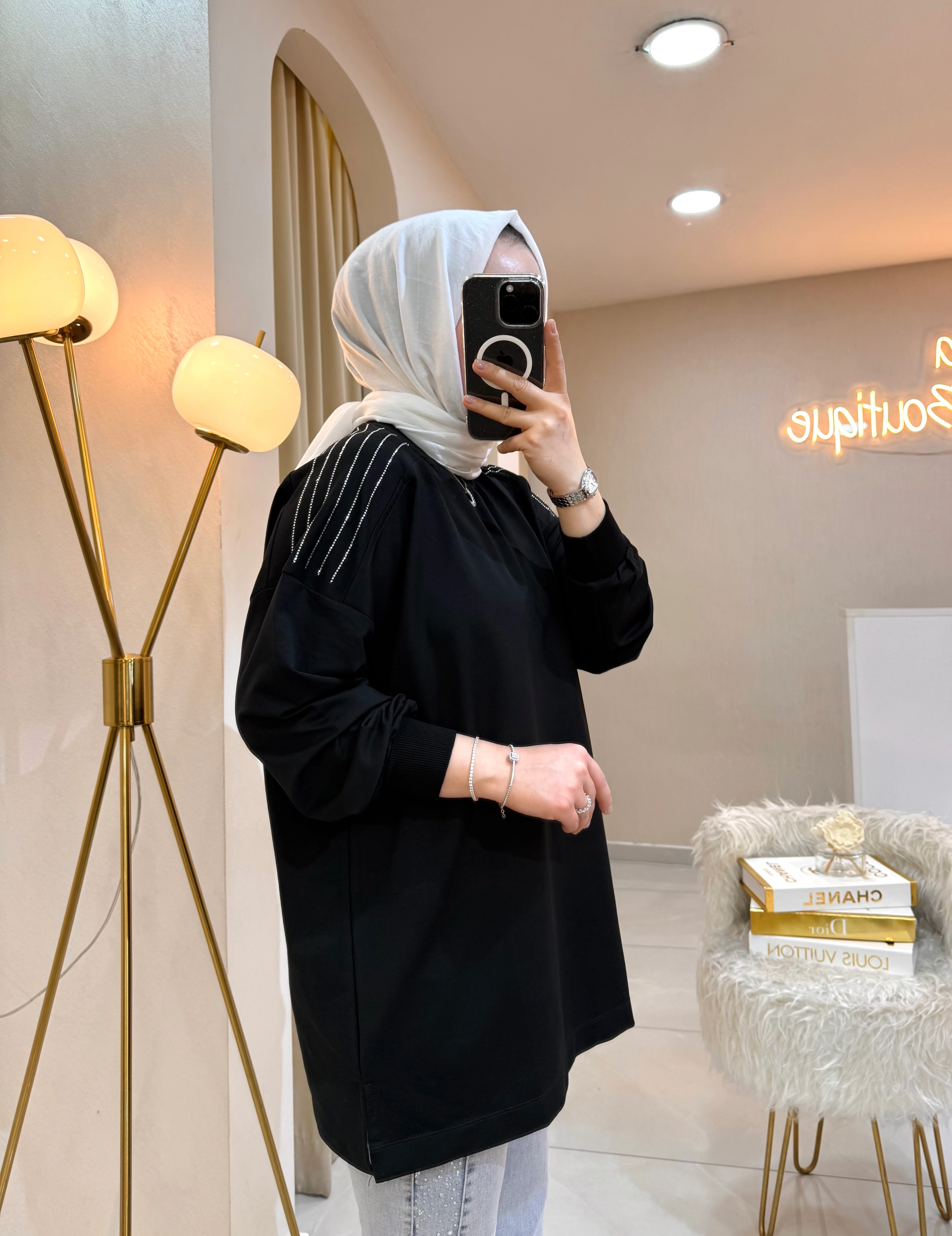 Omzu Taşlı Sweat Siyah