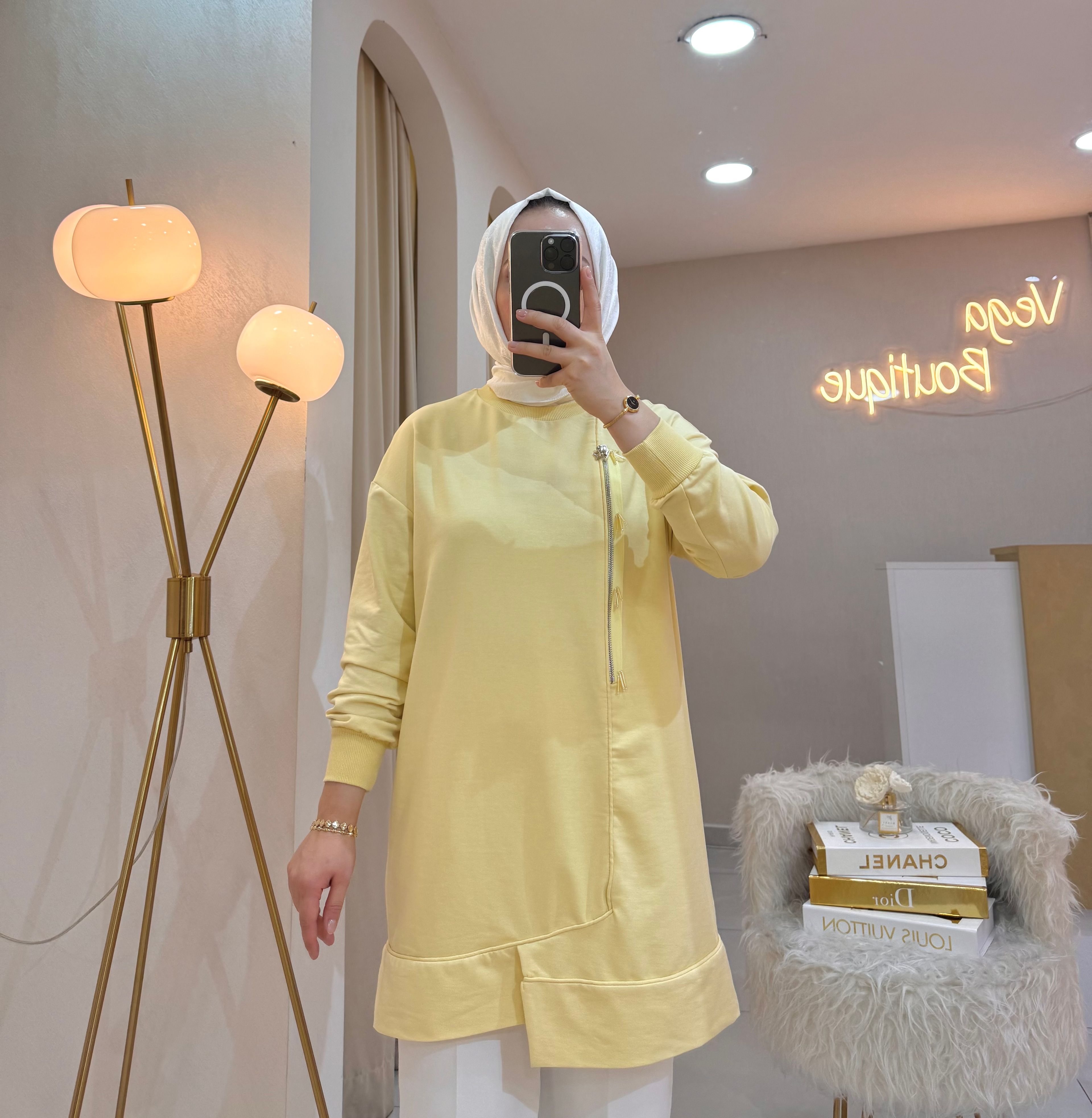 Boncuklu Fermuar Sweat Sarı