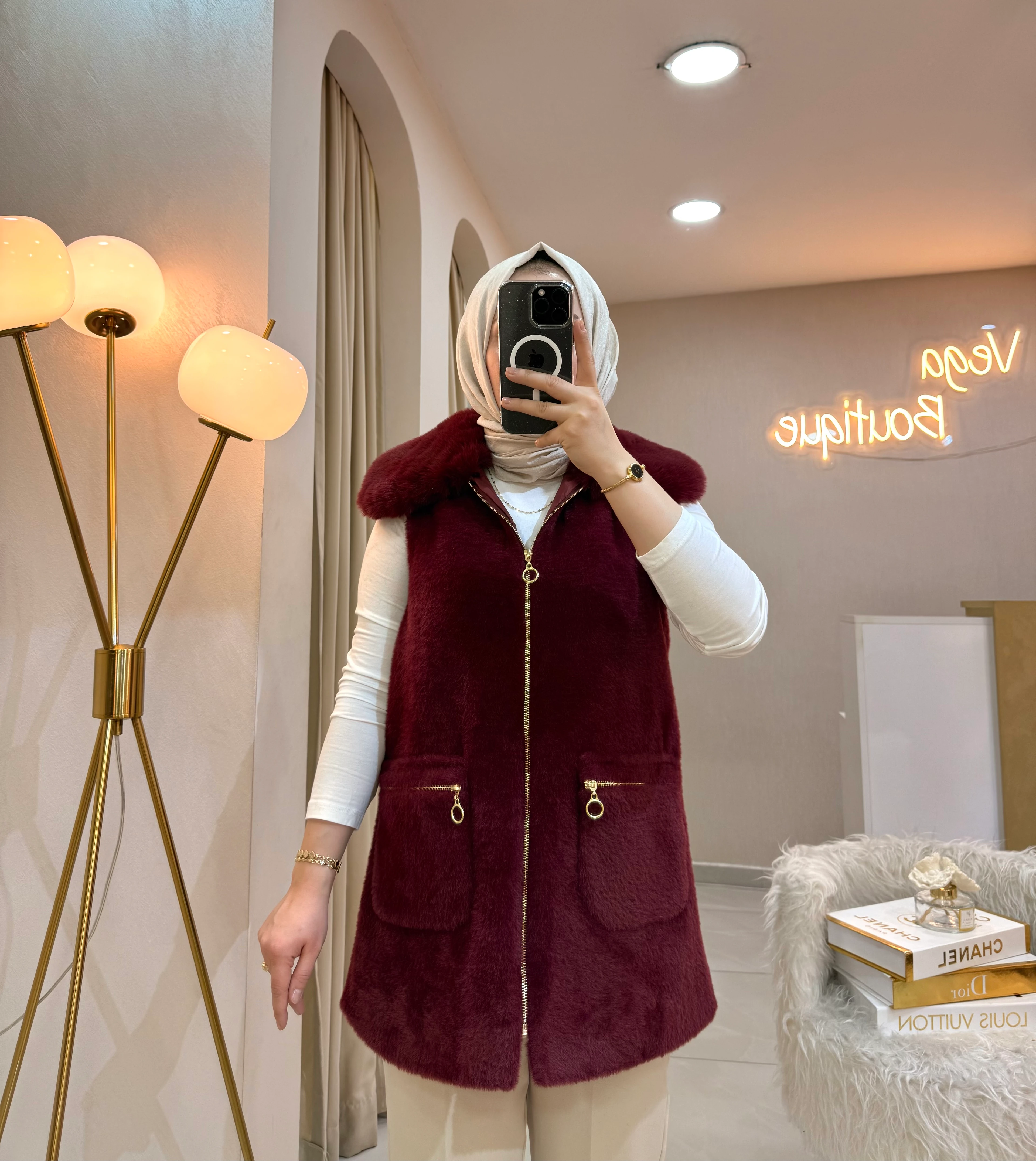 Kürk Yakalı Angora Yelek Bordo