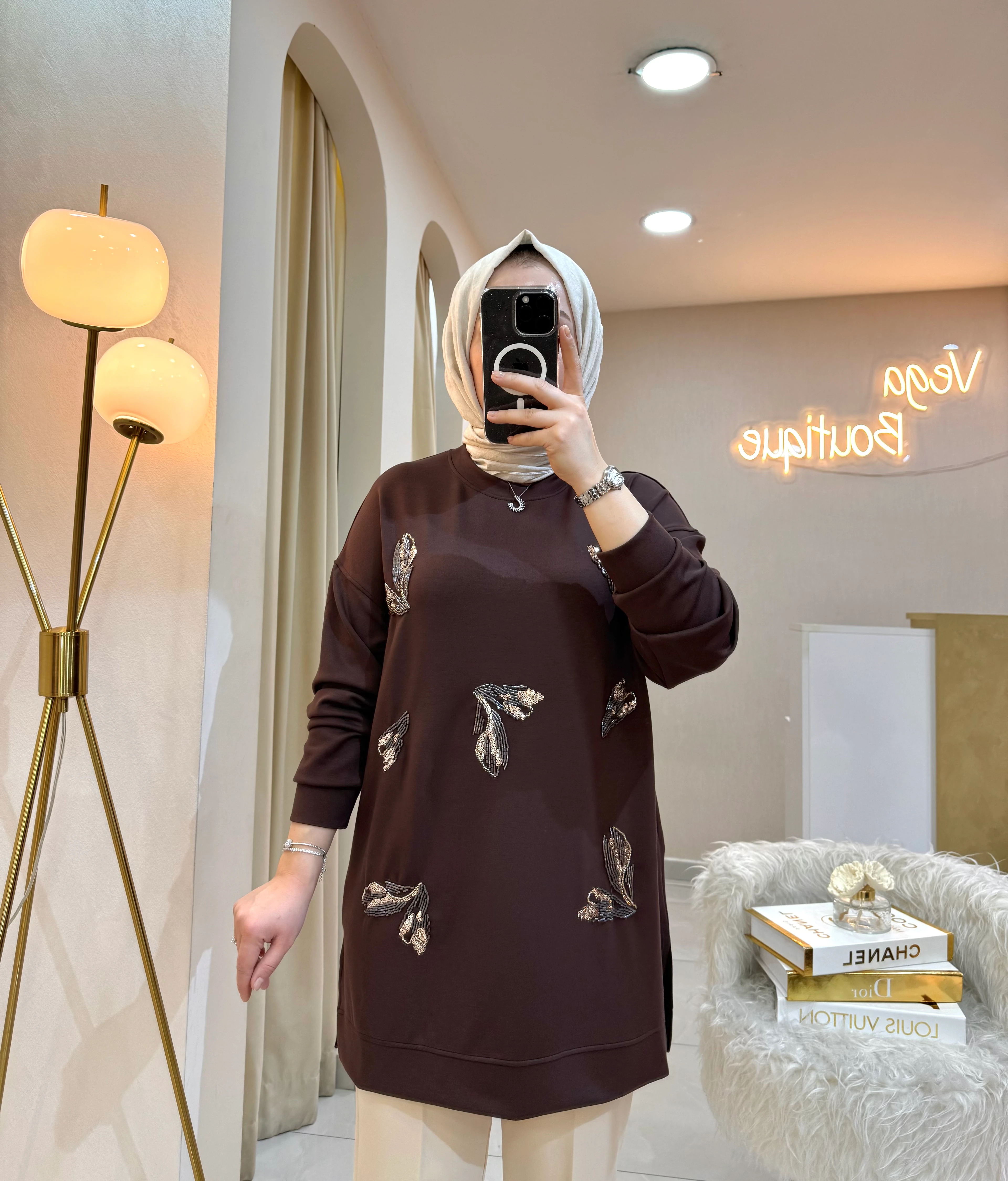 Yaprak İşlemeli Sweat Kahve