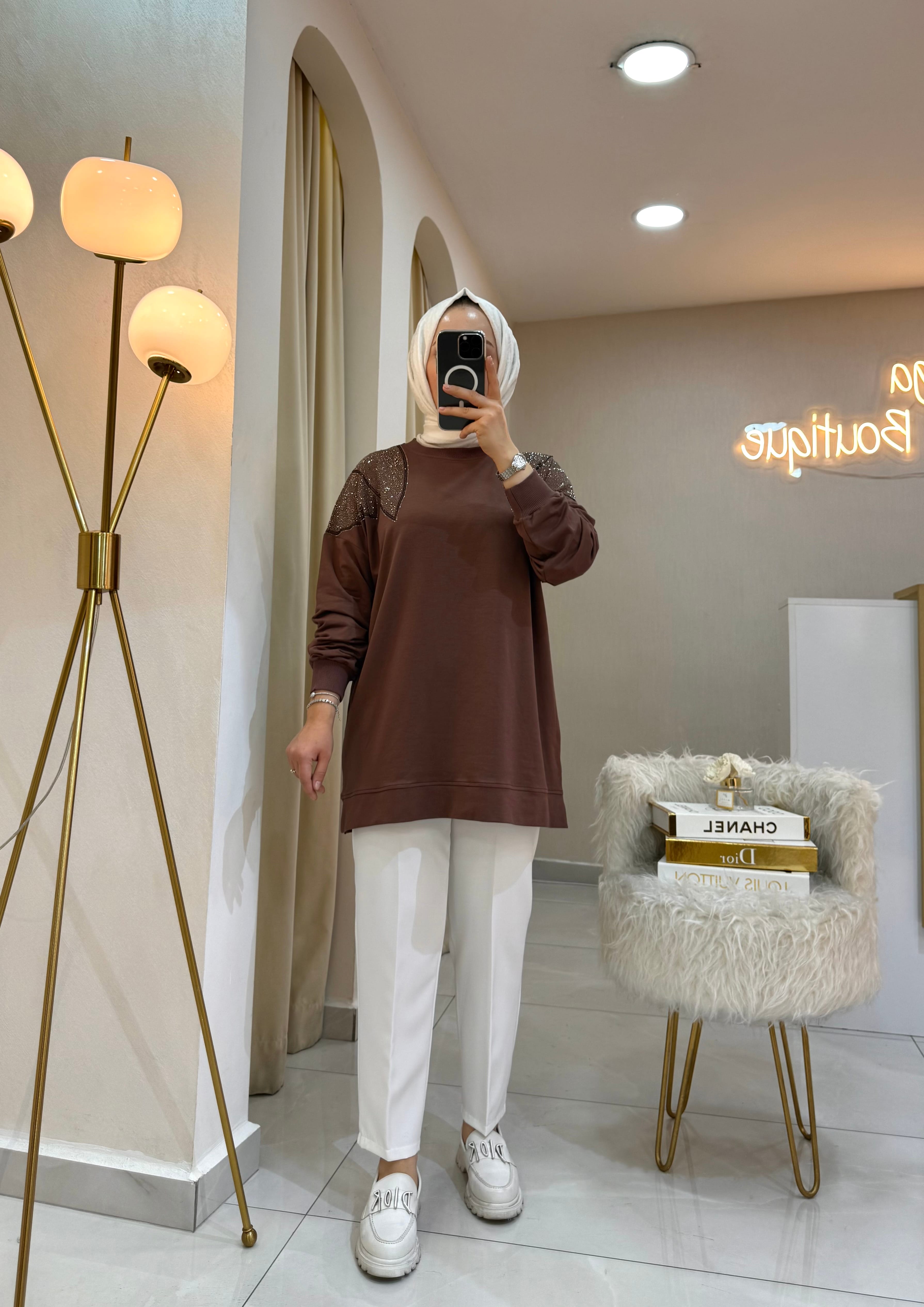 Omzu Taşlı Sweat Kahve