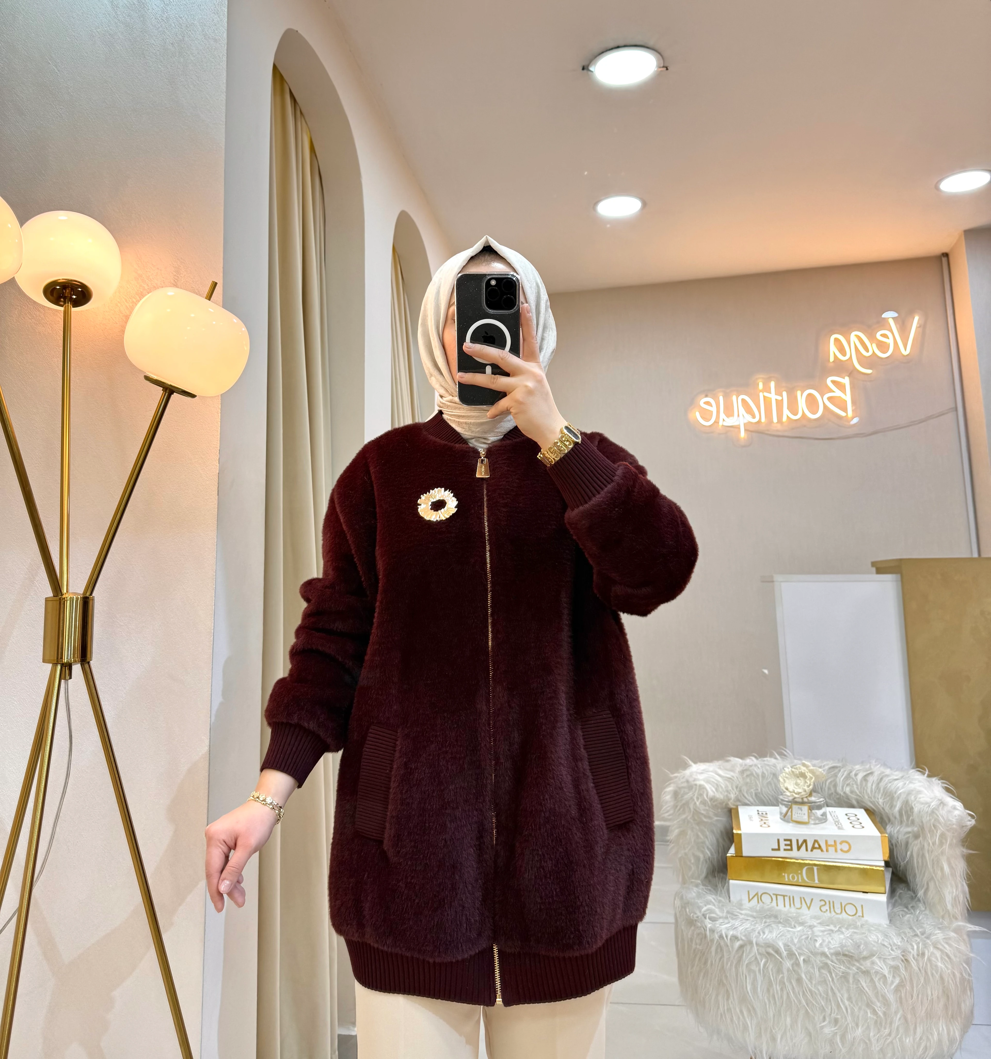 Broşlu Angora Bomber Ceket Bordo