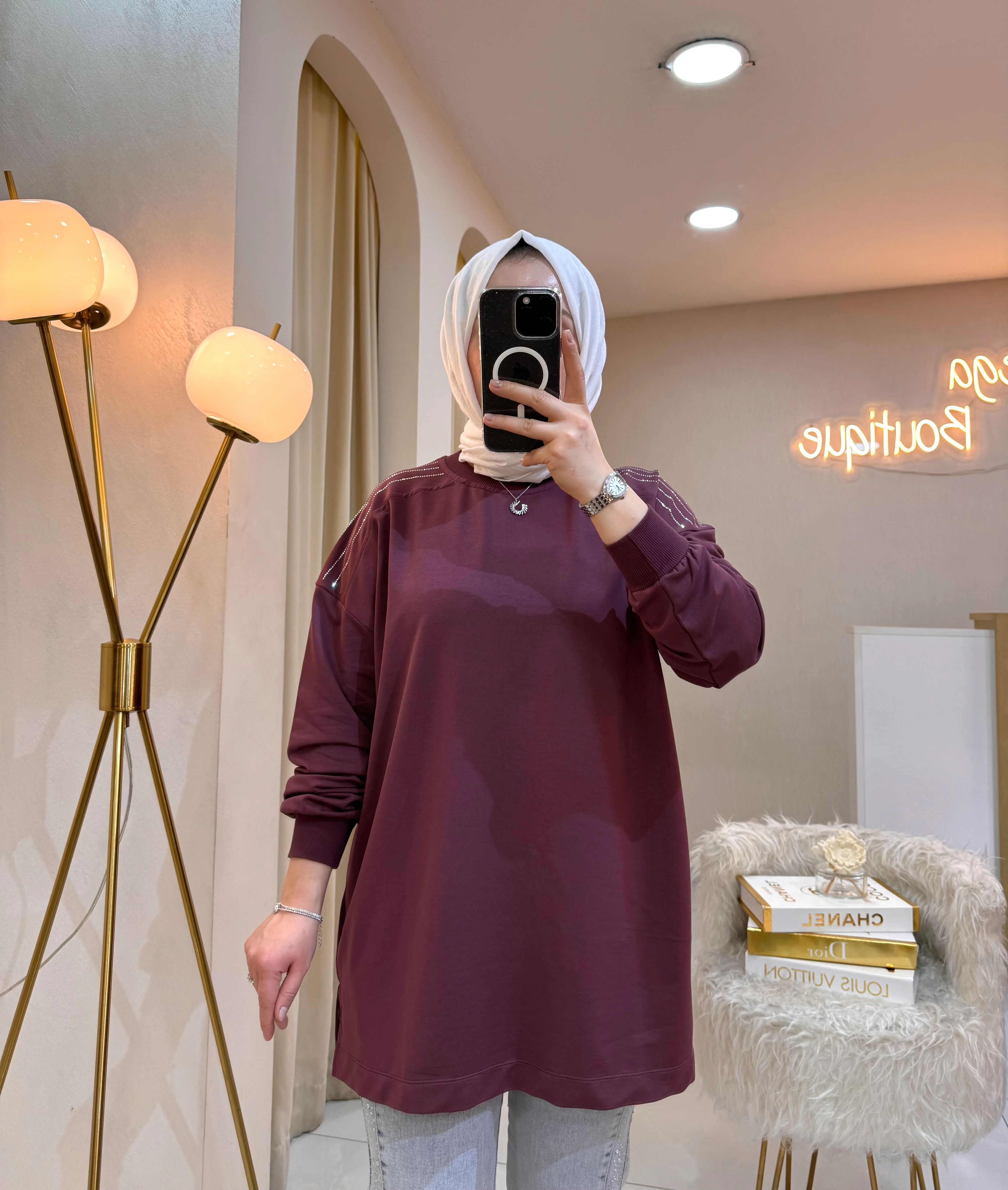 Omzu Taşlı Sweat Mürdüm