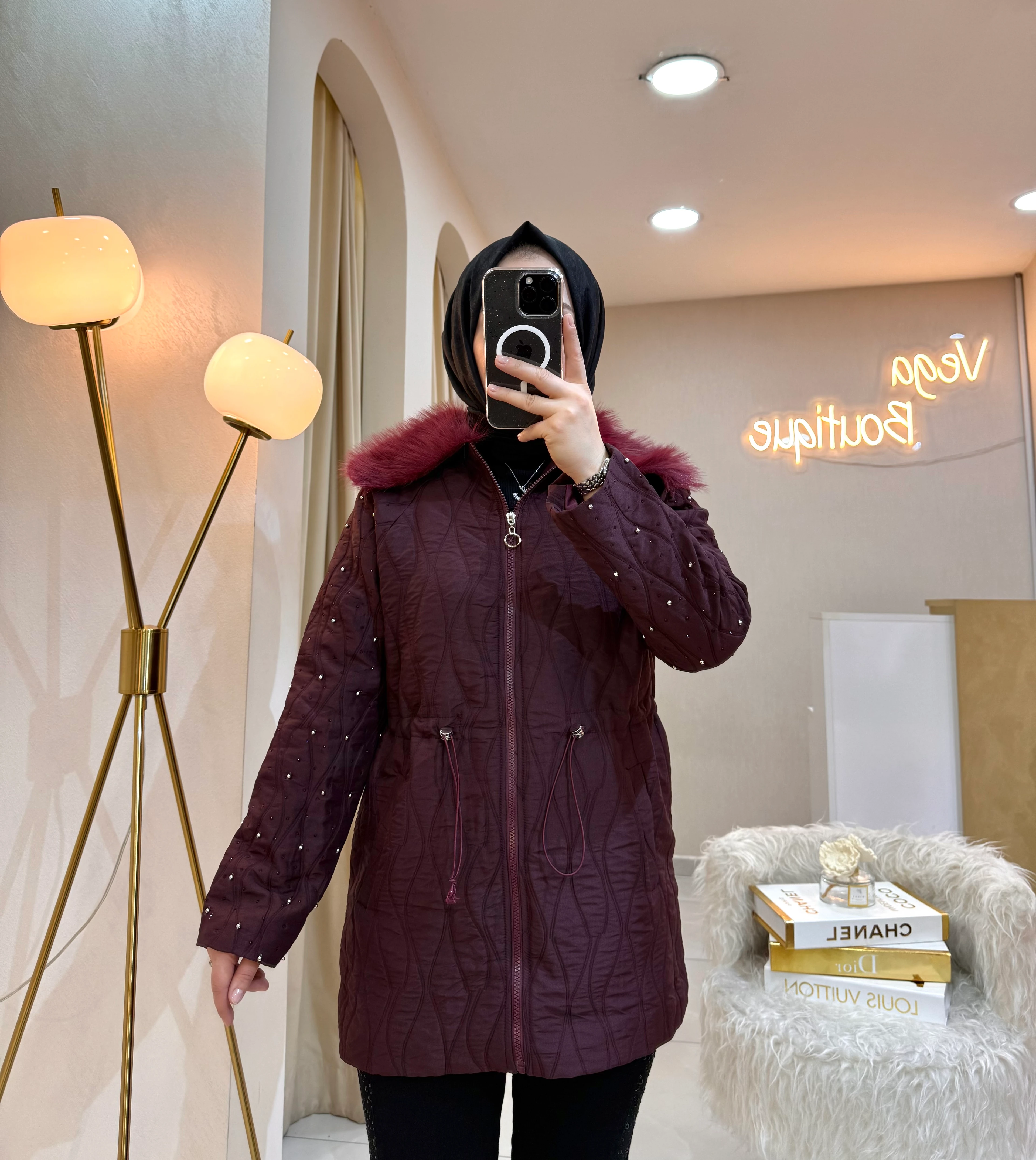 Kolu Taşlı Kürklü Kapitone Ceket Bordo