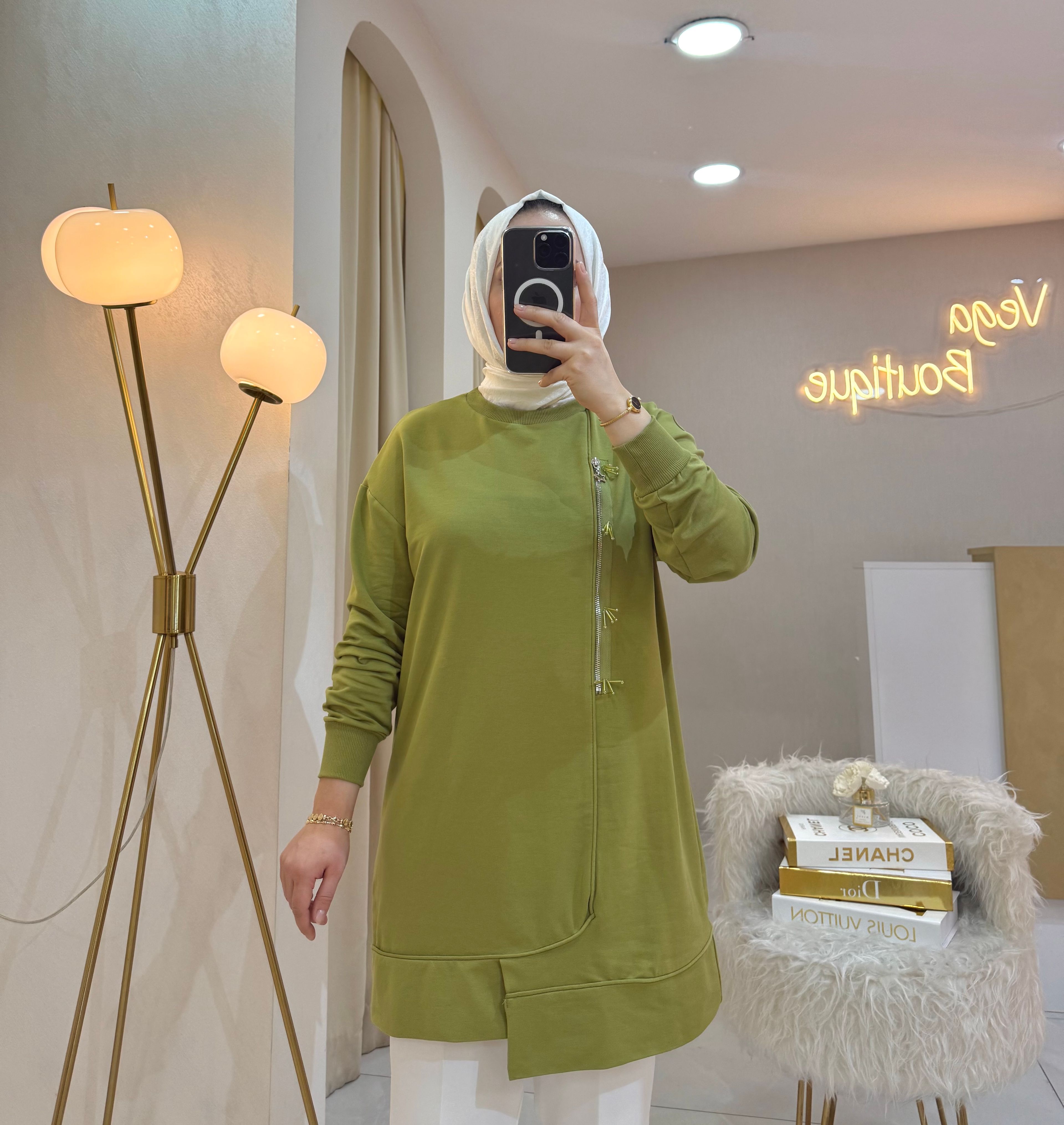 Boncuklu Fermuar Sweat Yeşil